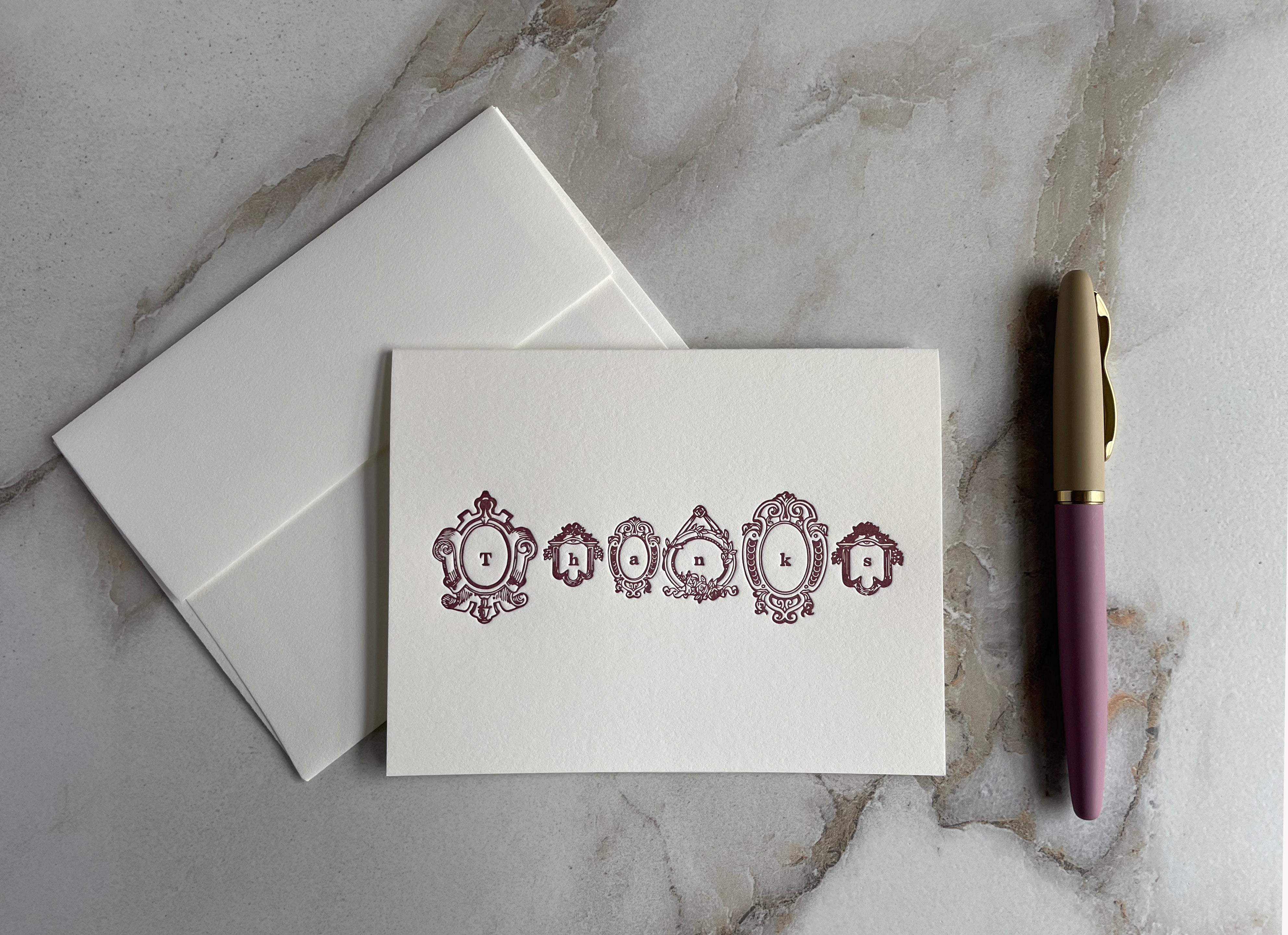 Set of 10, Letterpress, THANKS Folded Cards with Envelopes.  Boxed card set. - Hearty Greetings