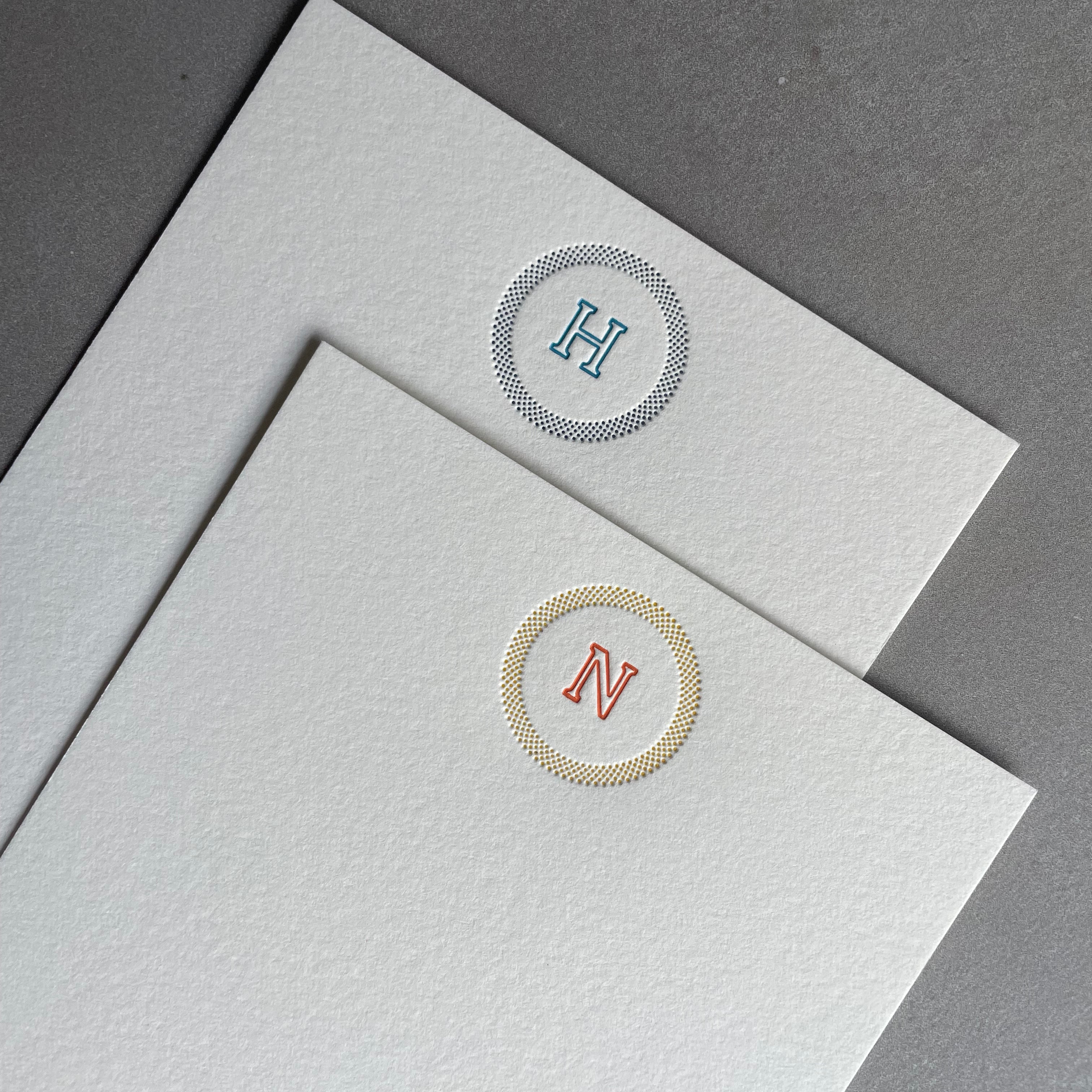 Simple Circle: 2 Color, Custom Initial Letterpress Stationery. Personalized Notecards with Envelopes. - Hearty Greetings