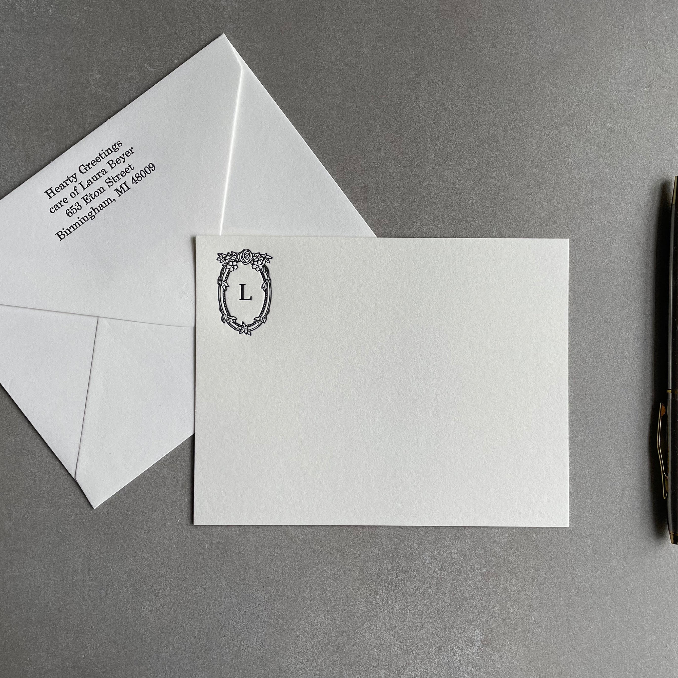 Feeling Rosey: Custom Initial Letterpress Stationery. Personalized Notecards with Envelopes. - Hearty Greetings