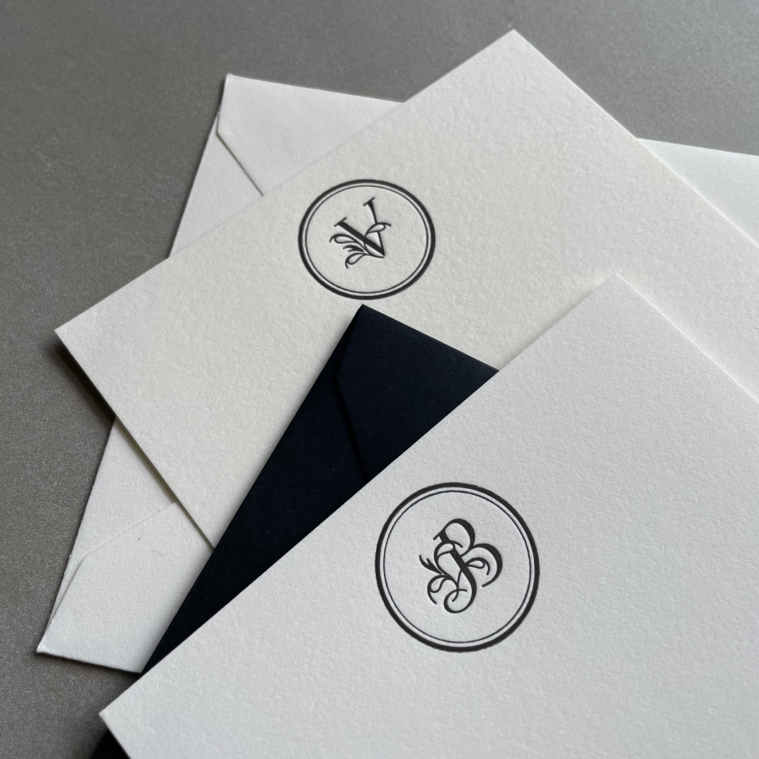 Fancy Stamp: Custom Initial Letterpress Stationery. Personalized Notecards with Envelopes. - Hearty Greetings