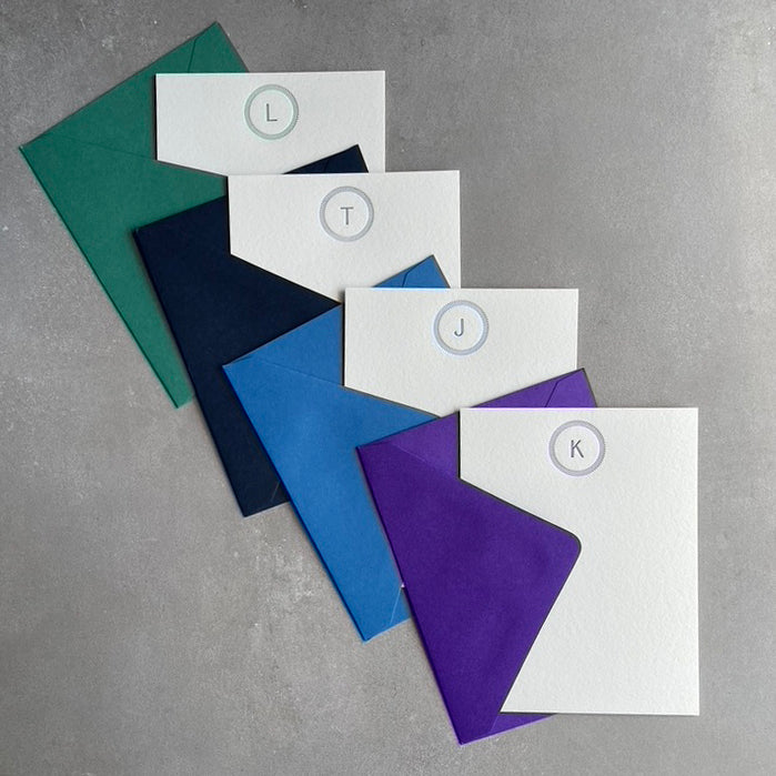 Simple Circle: Custom Initial Letterpress Stationery. Personalized Notecards with Envelopes. - Hearty Greetings