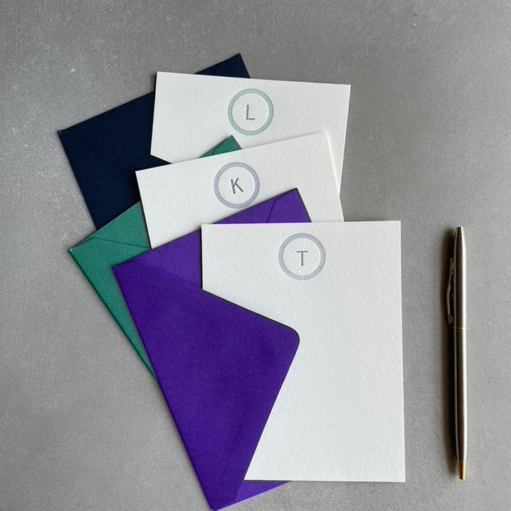 Simple Circle: Custom Initial Letterpress Stationery. Personalized Notecards with Envelopes. - Hearty Greetings