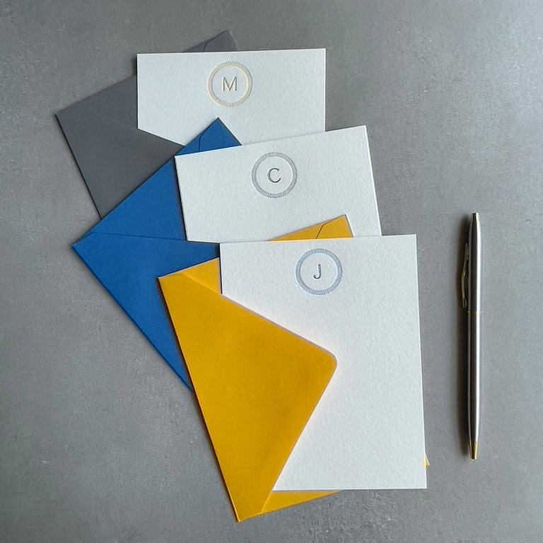 Simple Circle: Custom Initial Letterpress Stationery. Personalized Notecards with Envelopes. - Hearty Greetings