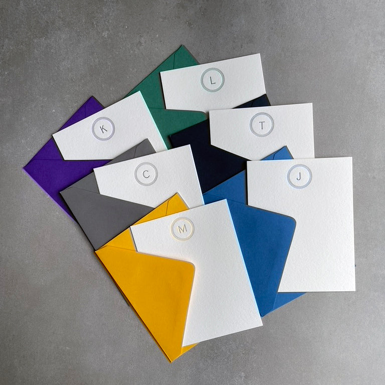 Simple Circle: Custom Initial Letterpress Stationery. Personalized Notecards with Envelopes. - Hearty Greetings