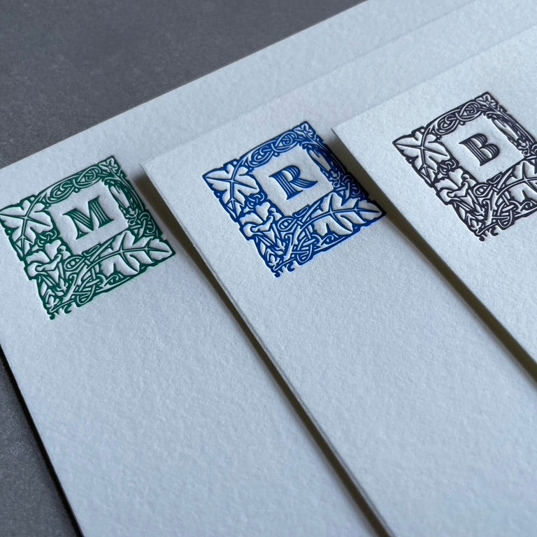 Lovely Leaf: Custom Initial Letterpress Stationery. Personalized Notecards with Envelopes. - Hearty Greetings