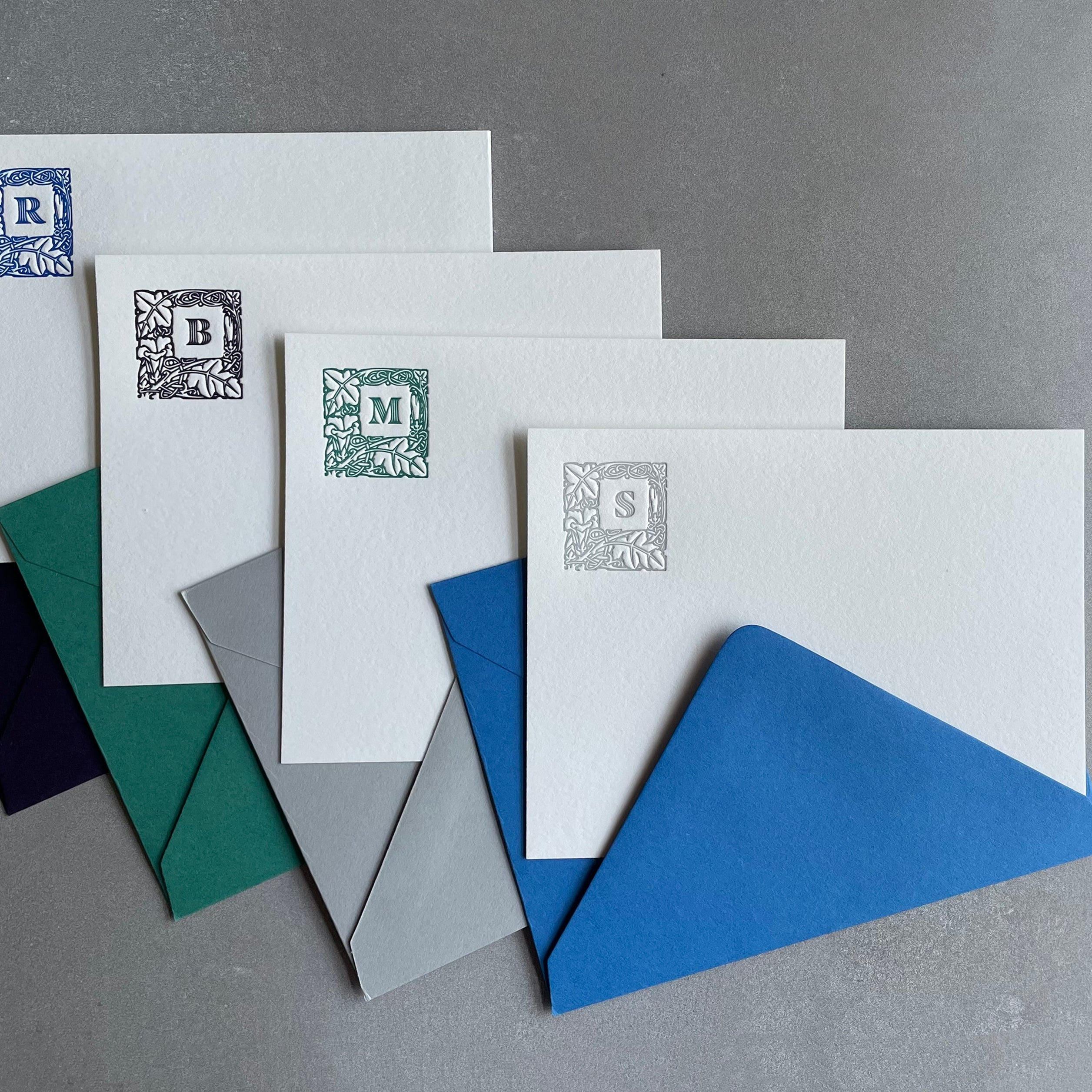 Lovely Leaf: Custom Initial Letterpress Stationery. Personalized Notecards with Envelopes. - Hearty Greetings