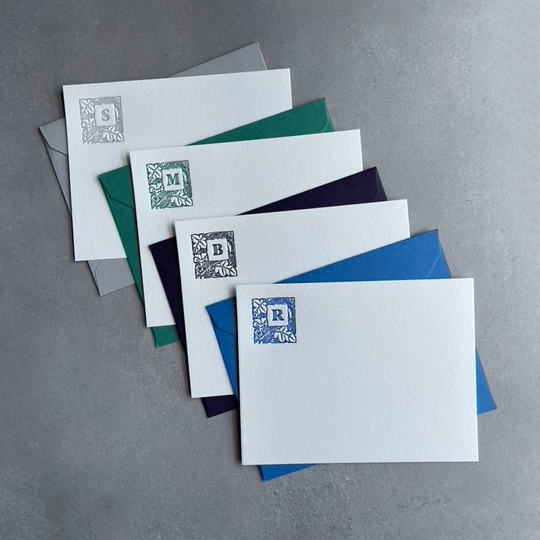 Lovely Leaf: Custom Initial Letterpress Stationery. Personalized Notecards with Envelopes. - Hearty Greetings