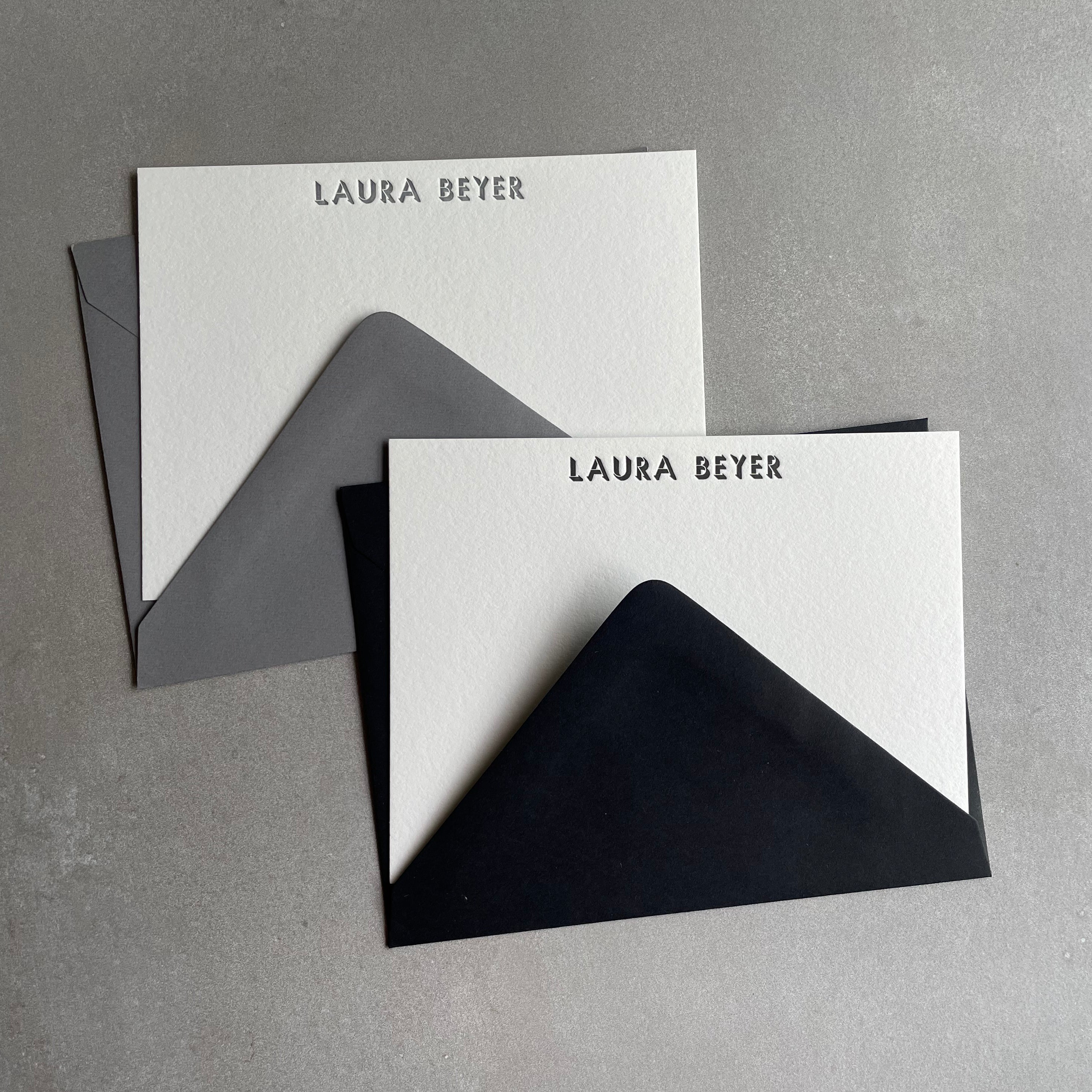 Shadow: Custom Name Letterpress Stationery. Personalized Notecards with Envelopes. - Hearty Greetings