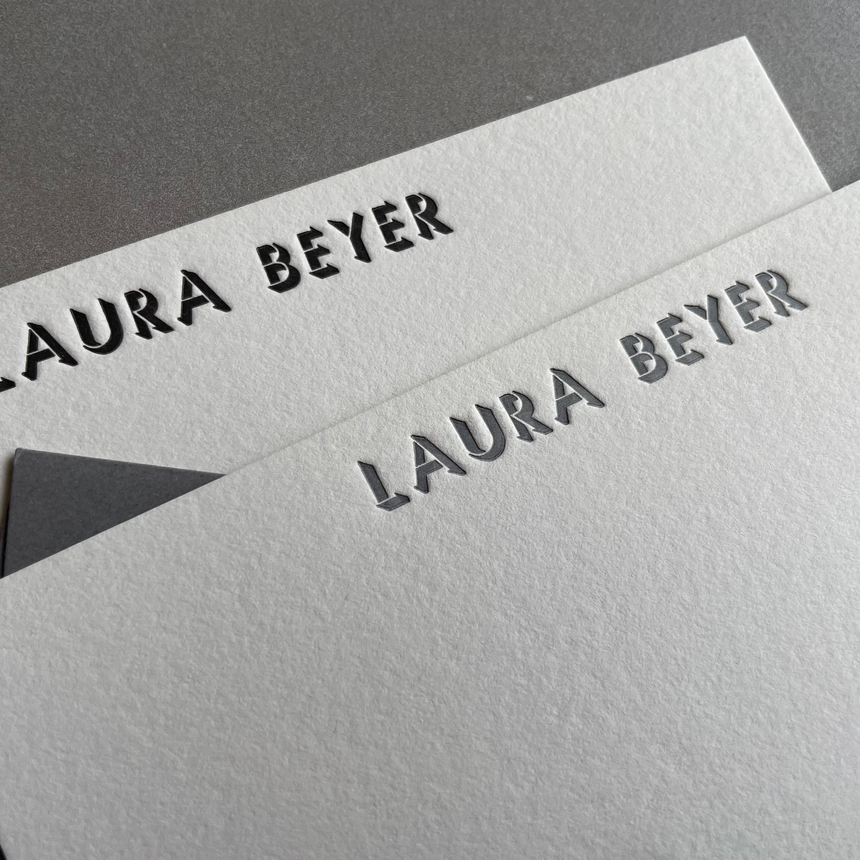 Shadow: Custom Name Letterpress Stationery. Personalized Notecards with Envelopes. - Hearty Greetings