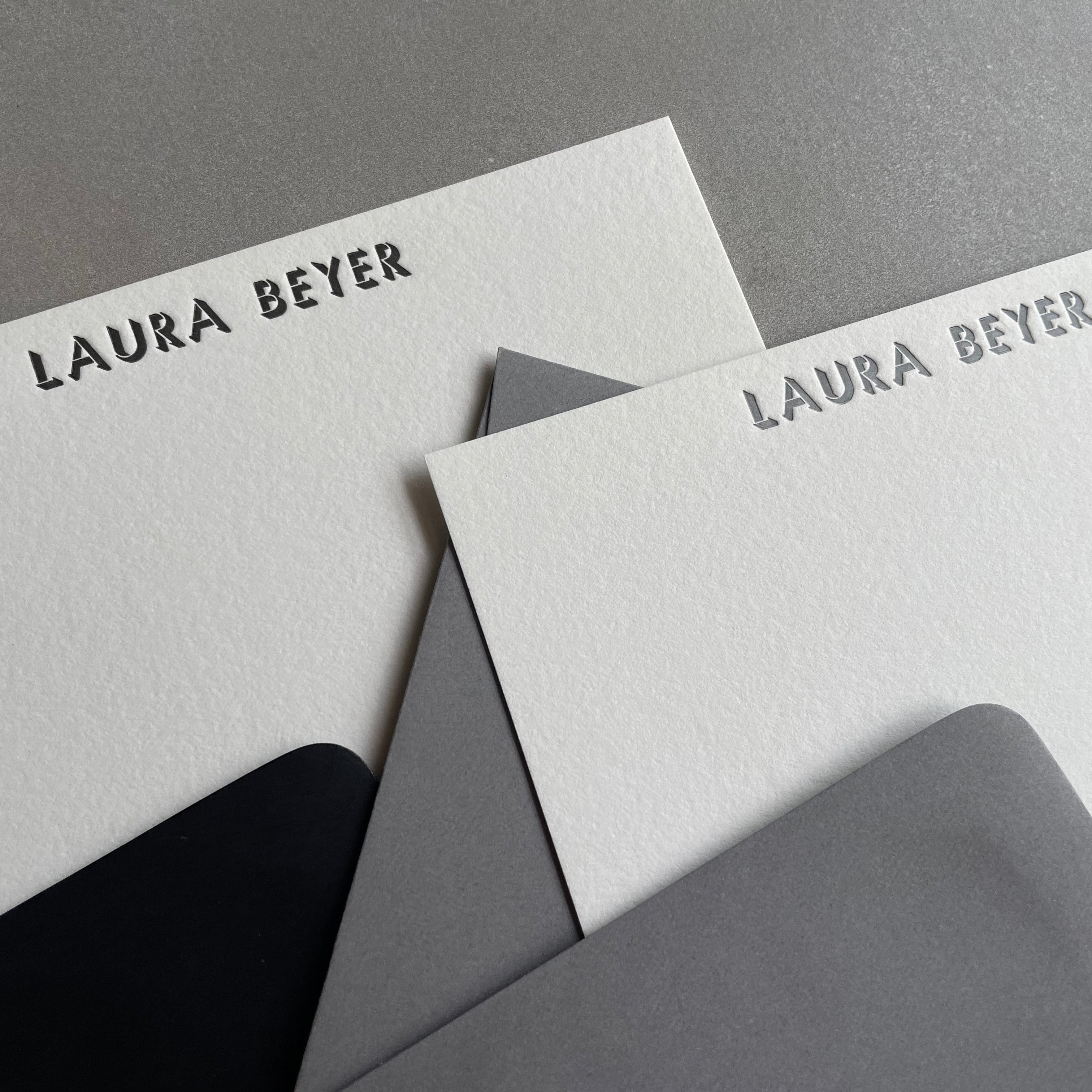 Shadow: Custom Name Letterpress Stationery. Personalized Notecards with Envelopes. - Hearty Greetings