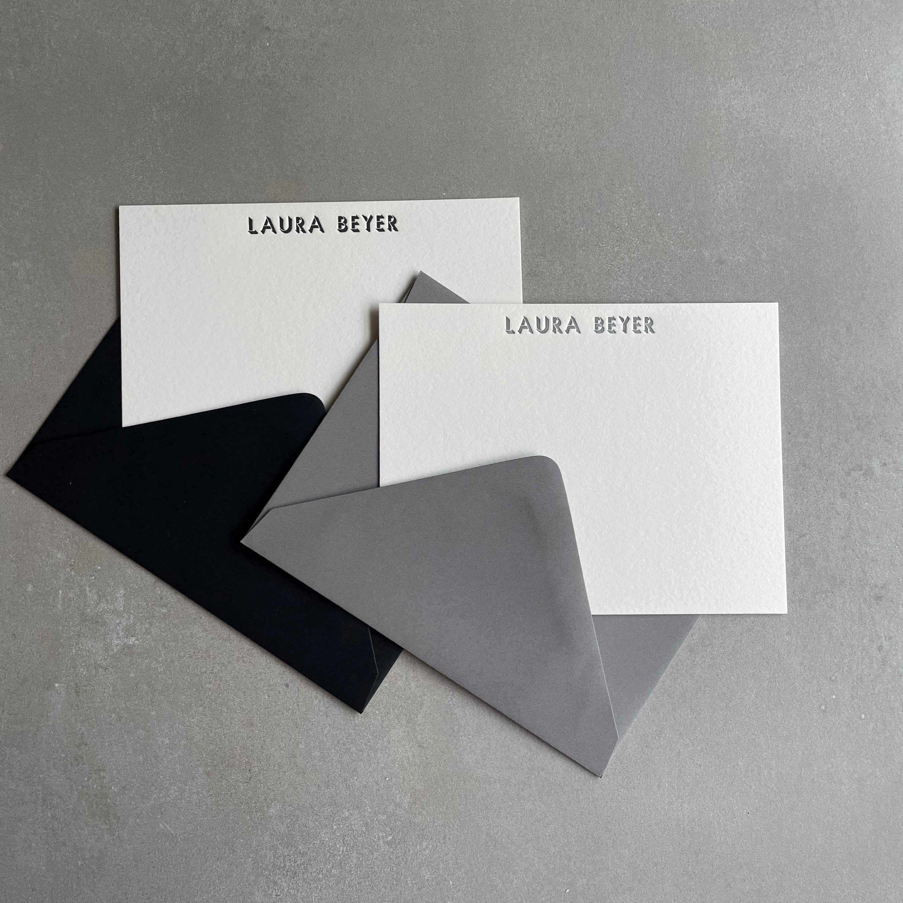 Shadow: Custom Name Letterpress Stationery. Personalized Notecards with Envelopes. - Hearty Greetings