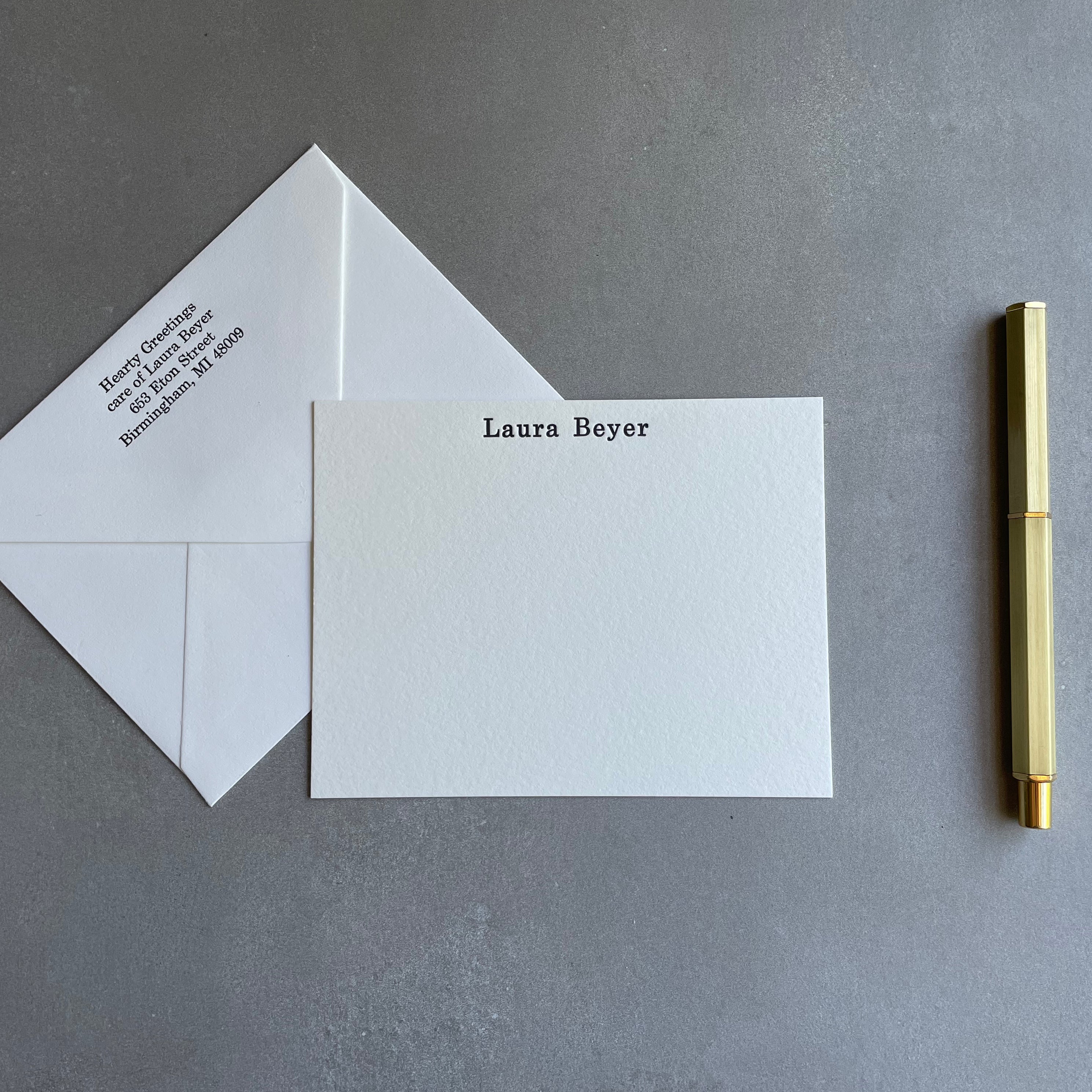 Century Schoolbook: Custom Name Letterpress Stationery. Personalized Notecards with Envelopes. - Hearty Greetings