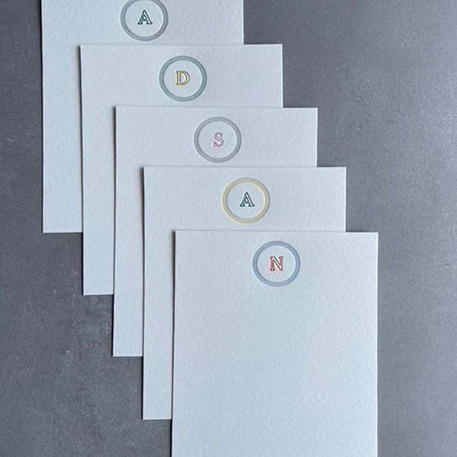Simple Circle: 2 Color, Custom Initial Letterpress Stationery. Personalized Notecards with Envelopes. - Hearty Greetings