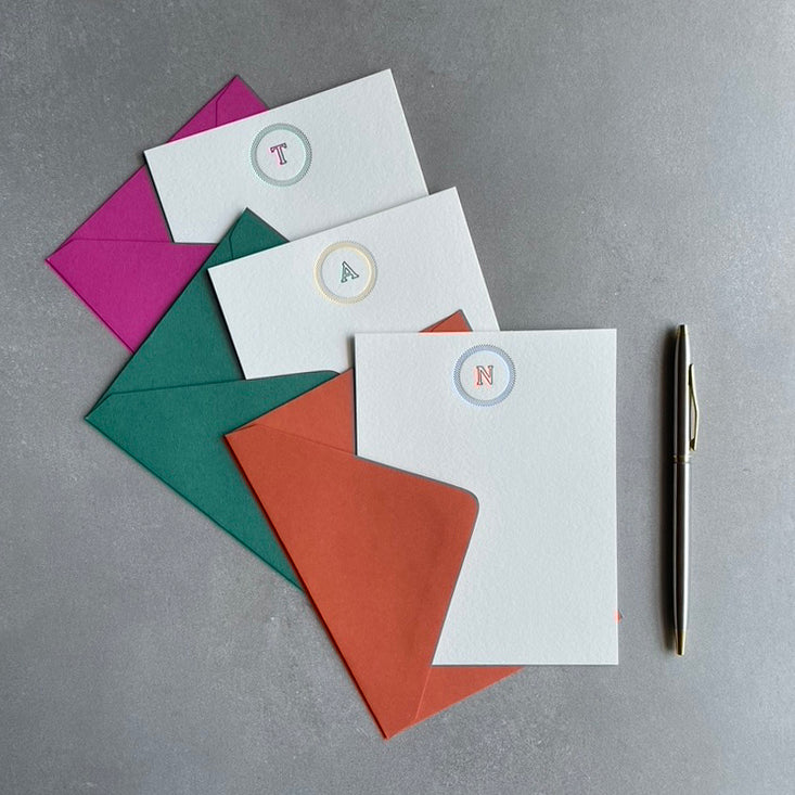 Simple Circle: 2 Color, Custom Initial Letterpress Stationery. Personalized Notecards with Envelopes. - Hearty Greetings