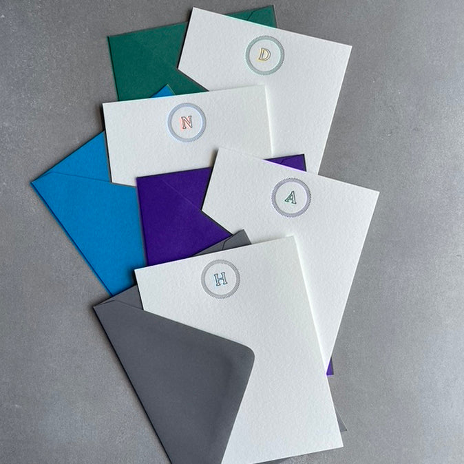Simple Circle: 2 Color, Custom Initial Letterpress Stationery. Personalized Notecards with Envelopes. - Hearty Greetings