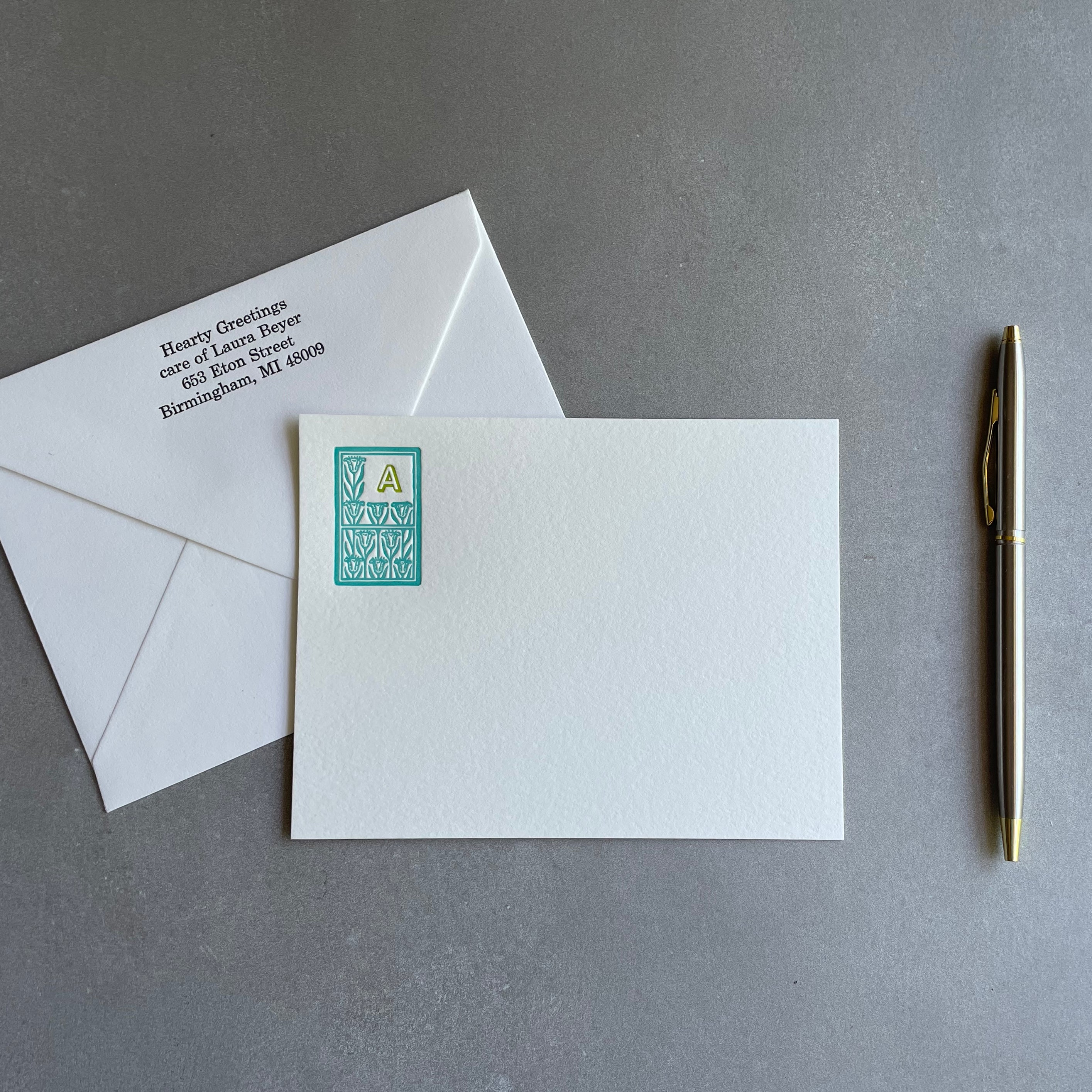 Art Deco: Custom Initial Letterpress Stationery. Personalized Notecards with Envelopes. - Hearty Greetings