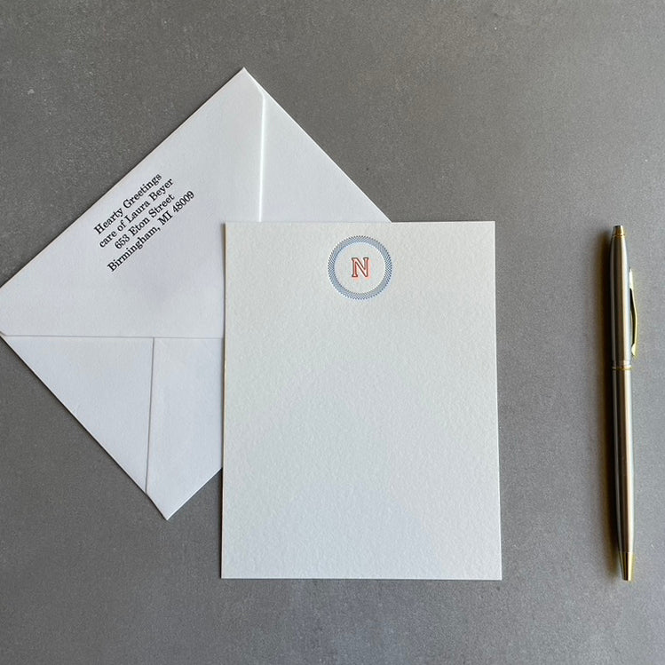 Simple Circle: 2 Color, Custom Initial Letterpress Stationery. Personalized Notecards with Envelopes. - Hearty Greetings