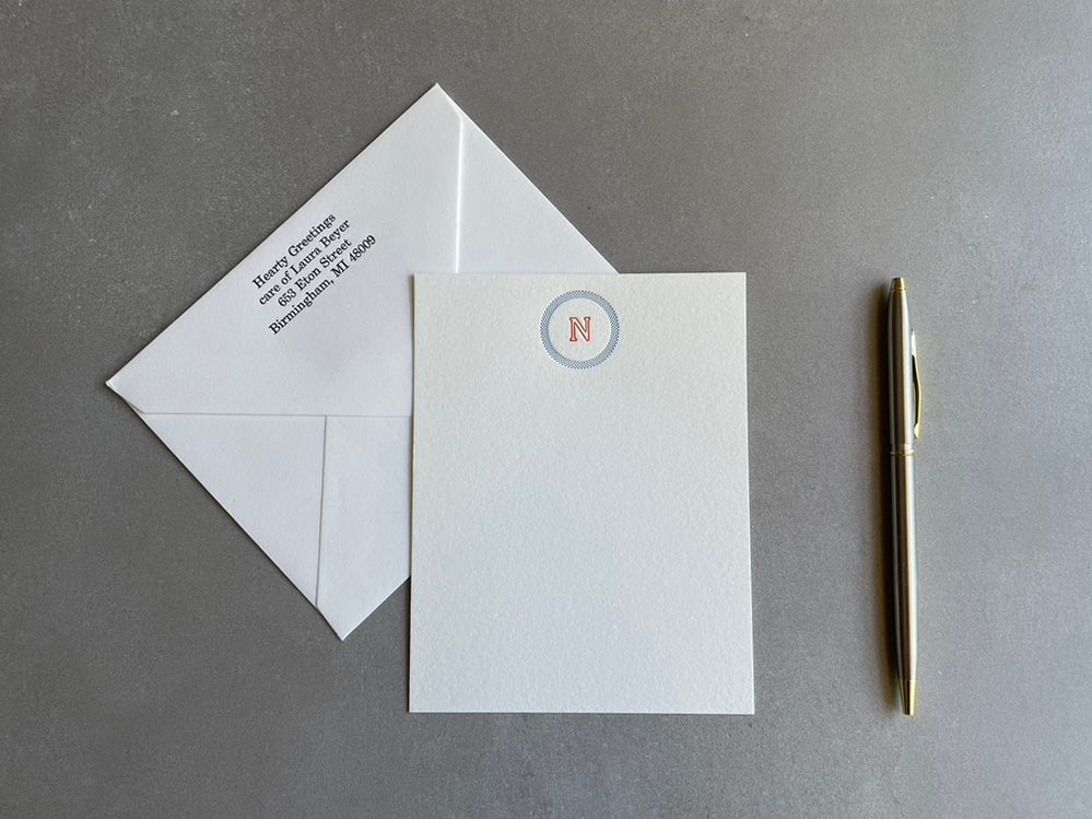 Simple Circle: 2 Color, Custom Initial Letterpress Stationery. Personalized Notecards with Envelopes. - Hearty Greetings