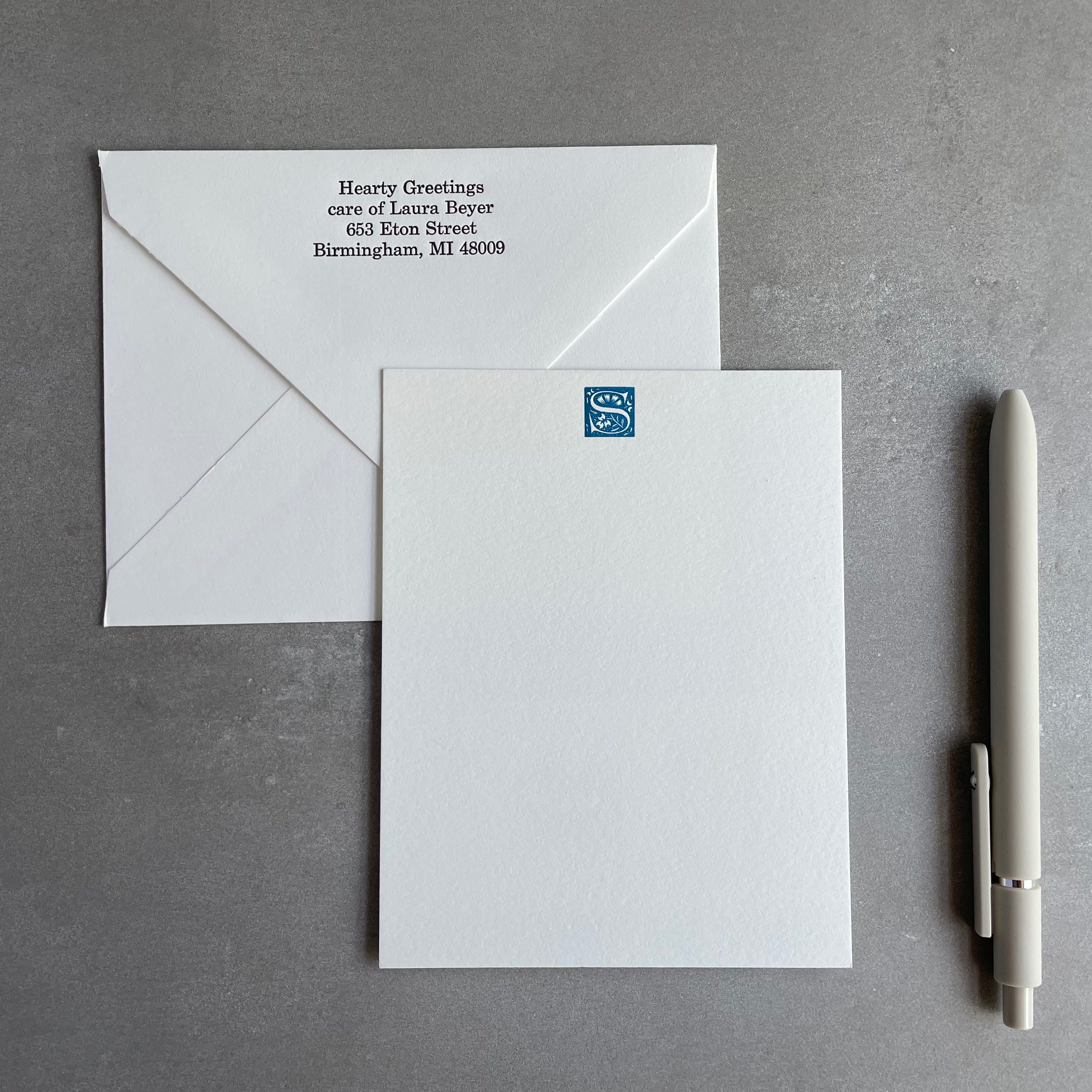 Storybook: Custom Initial Letterpress Stationery. Personalized Notecards with Envelopes. - Hearty Greetings