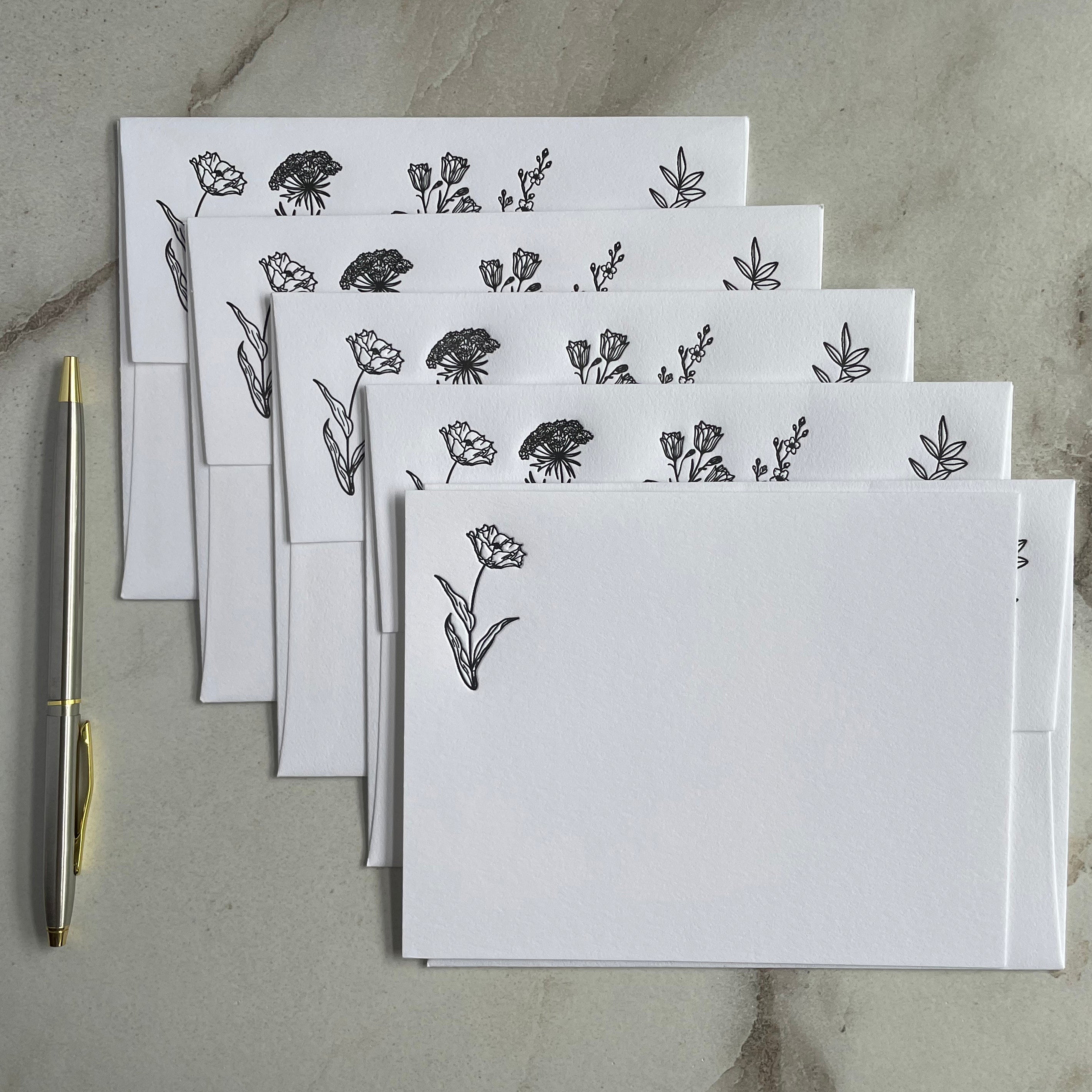 Set of 5, Floral Handprinted Letterpress Notecards with Printed Envelopes. - Hearty Greetings