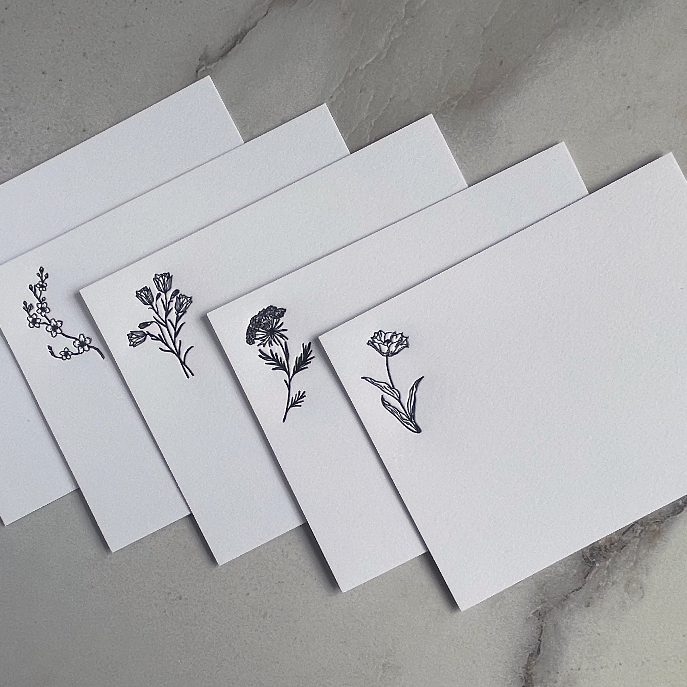 Set of 5, Floral Handprinted Letterpress Notecards with Printed Envelopes. - Hearty Greetings