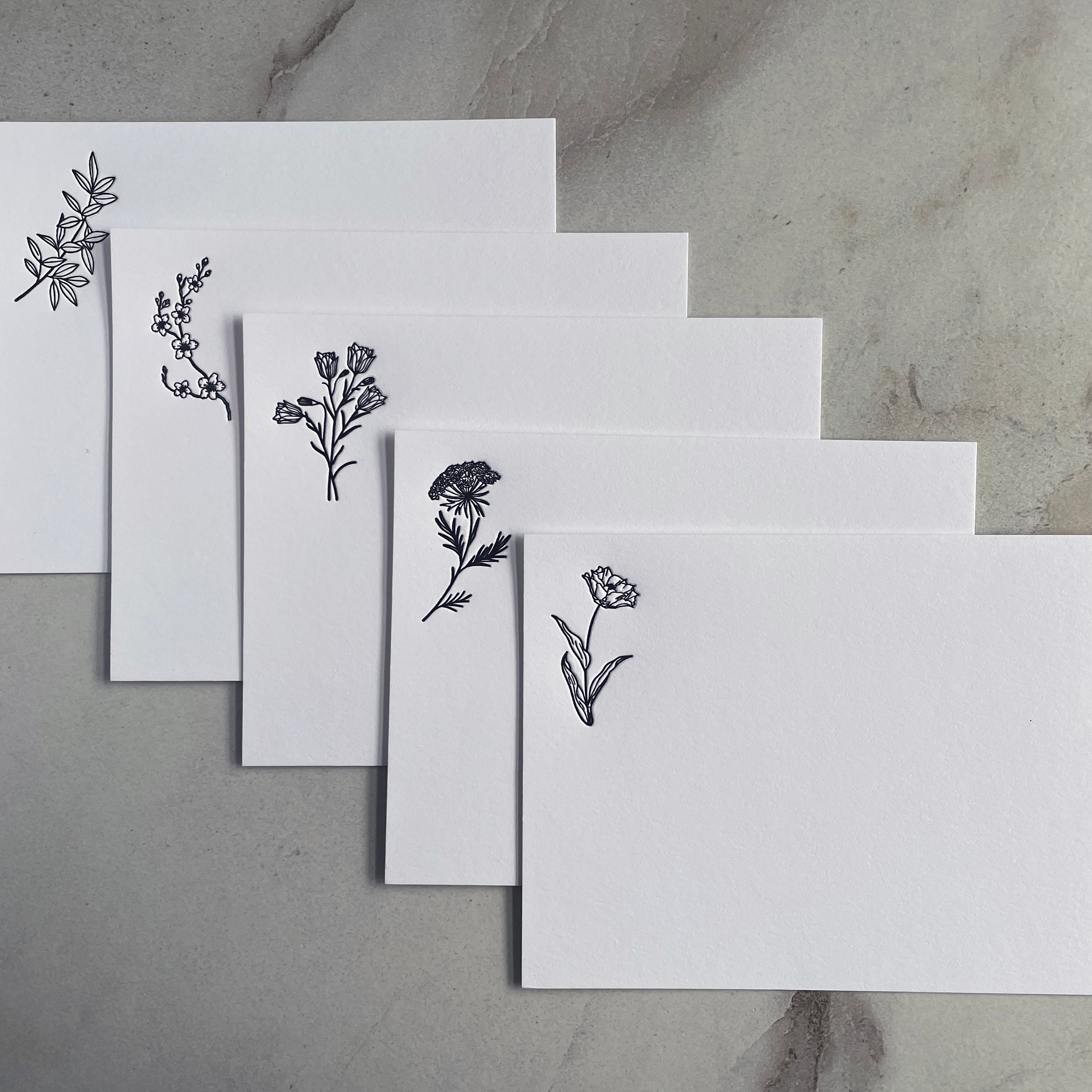 Set of 5, Floral Handprinted Letterpress Notecards with Printed Envelopes. - Hearty Greetings
