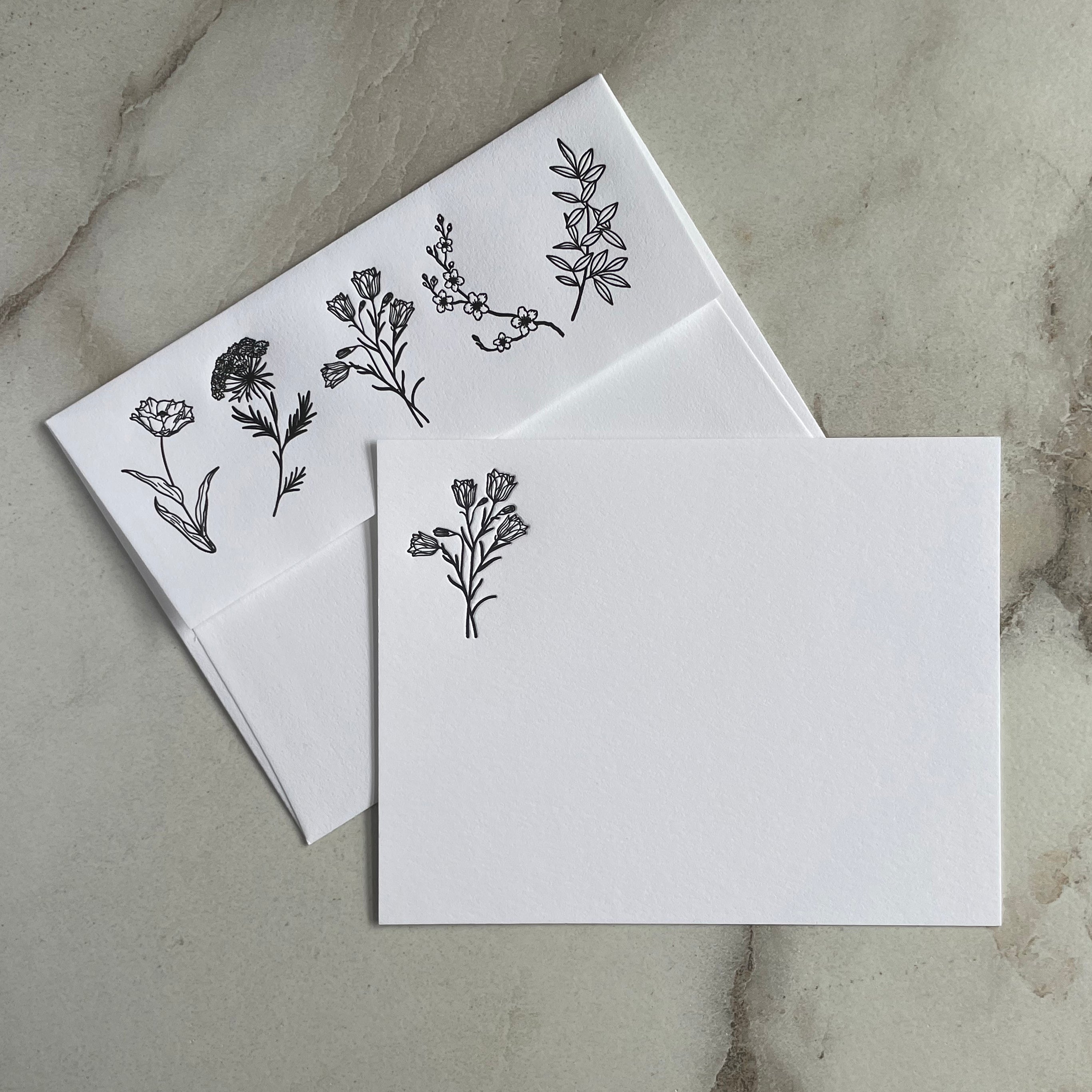 Set of 5, Floral Handprinted Letterpress Notecards with Printed Envelopes. - Hearty Greetings