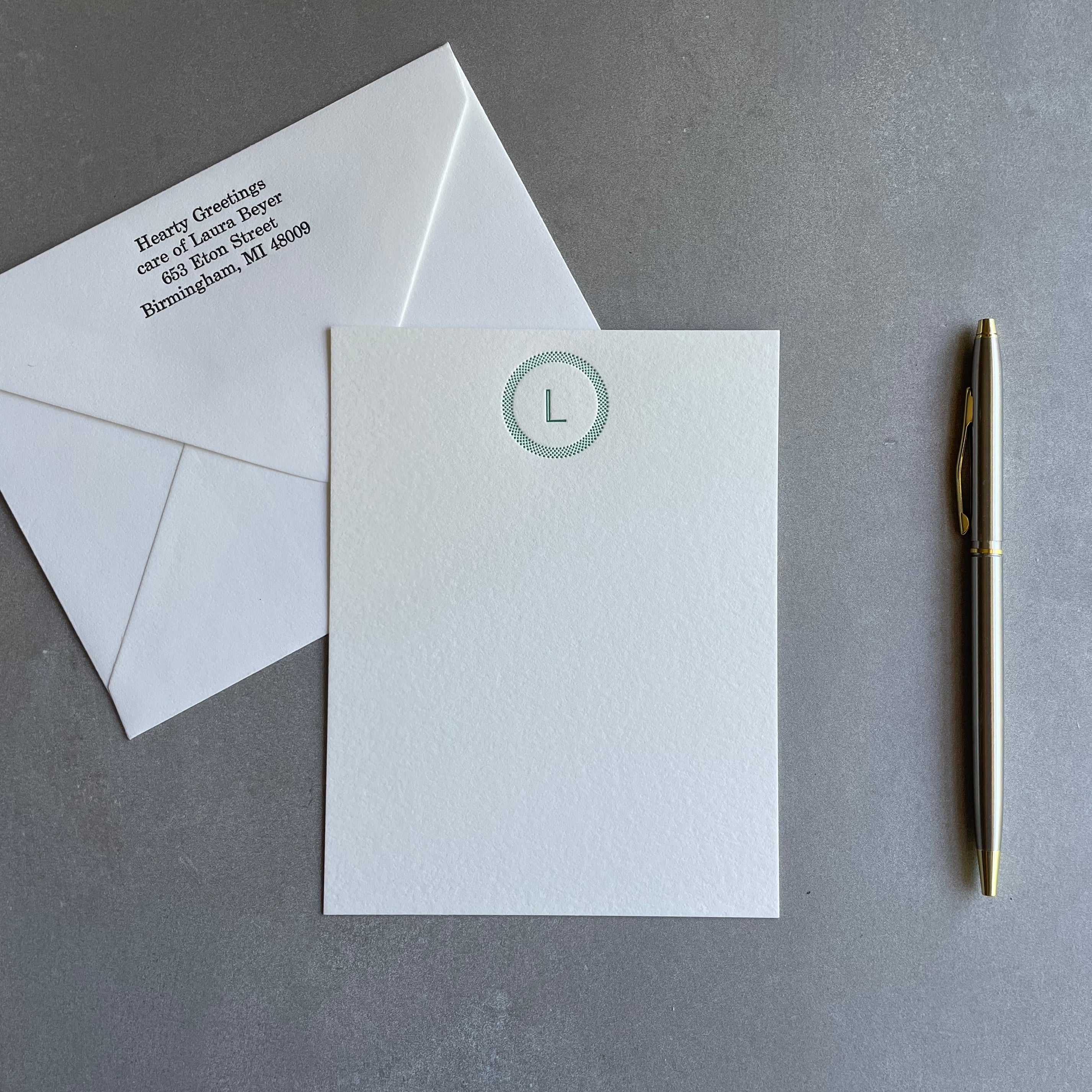 Simple Circle: Custom Initial Letterpress Stationery. Personalized Notecards with Envelopes. - Hearty Greetings