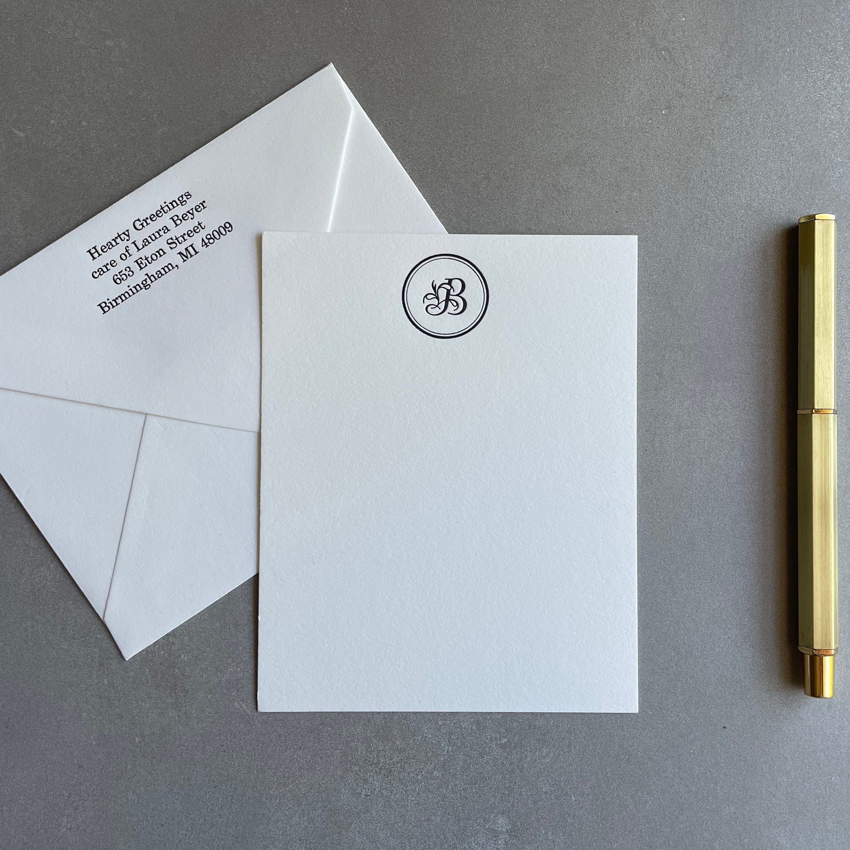 Fancy Stamp: Custom Initial Letterpress Stationery. Personalized Notecards with Envelopes. - Hearty Greetings