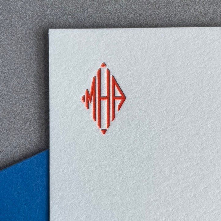 Diamond Monogram: Custom Initial Letterpress Stationery. Personalized Notecards with Envelopes. - Hearty Greetings