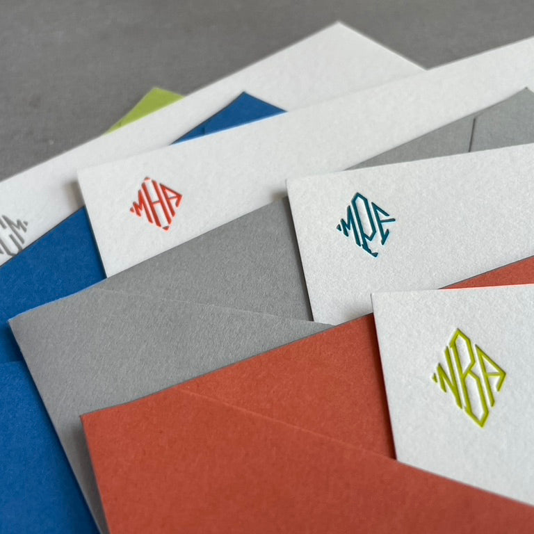 Diamond Monogram: Custom Initial Letterpress Stationery. Personalized Notecards with Envelopes. - Hearty Greetings