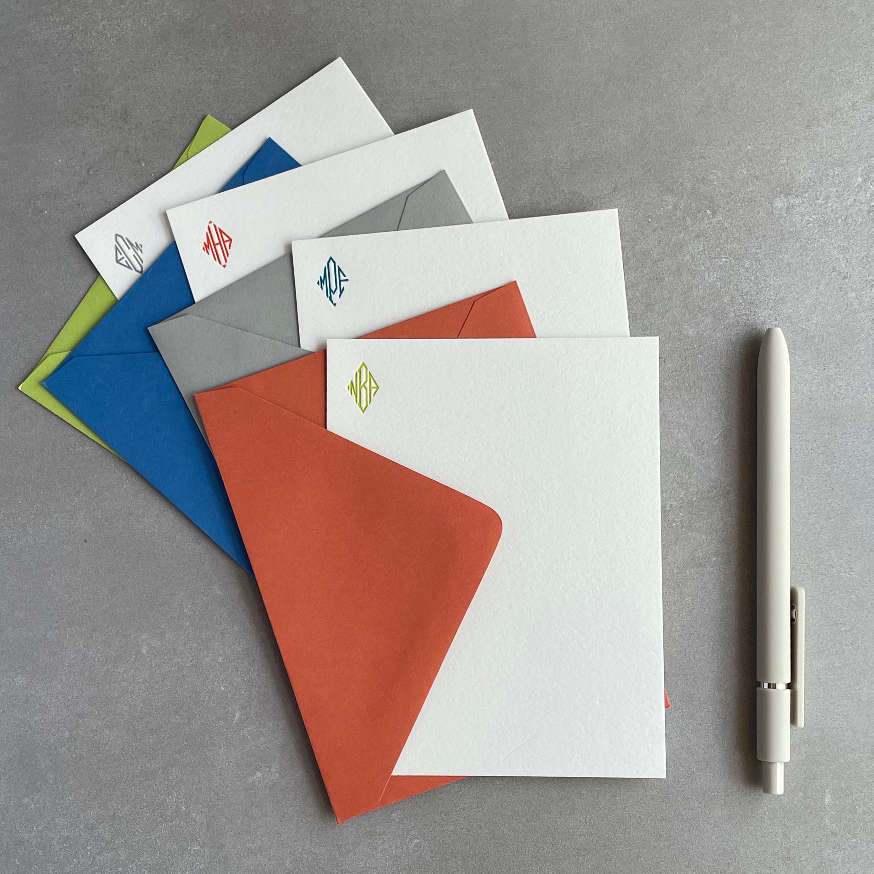 Diamond Monogram: Custom Initial Letterpress Stationery. Personalized Notecards with Envelopes. - Hearty Greetings