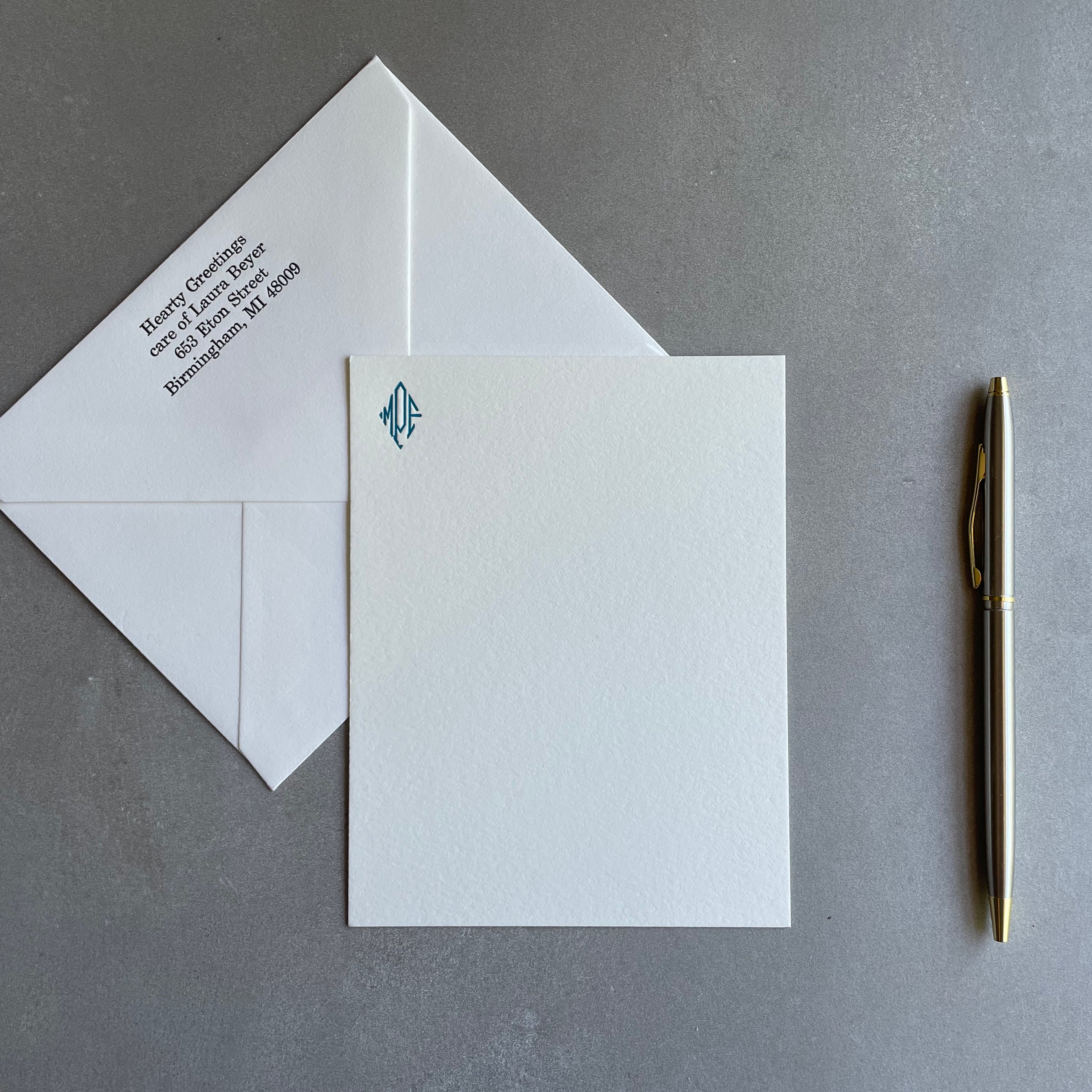 Diamond Monogram: Custom Initial Letterpress Stationery. Personalized Notecards with Envelopes. - Hearty Greetings