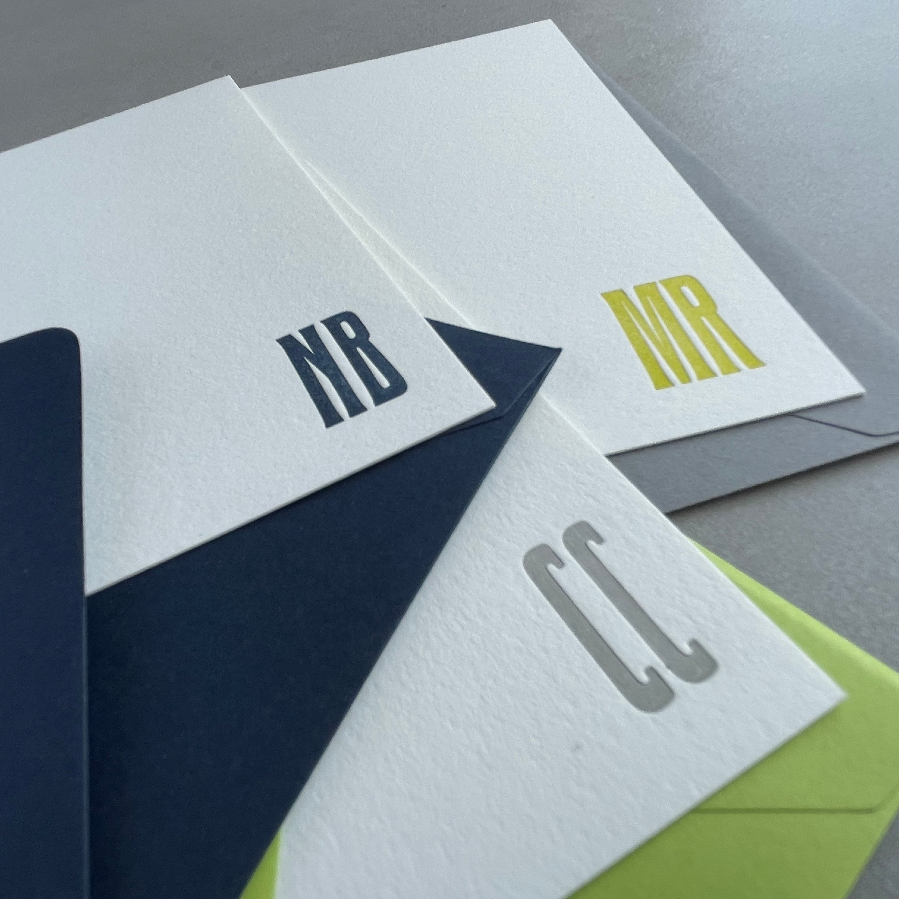 Cool Condensed: Custom Initial Letterpress Stationery. Personalized Notecards with Envelopes. - Hearty Greetings
