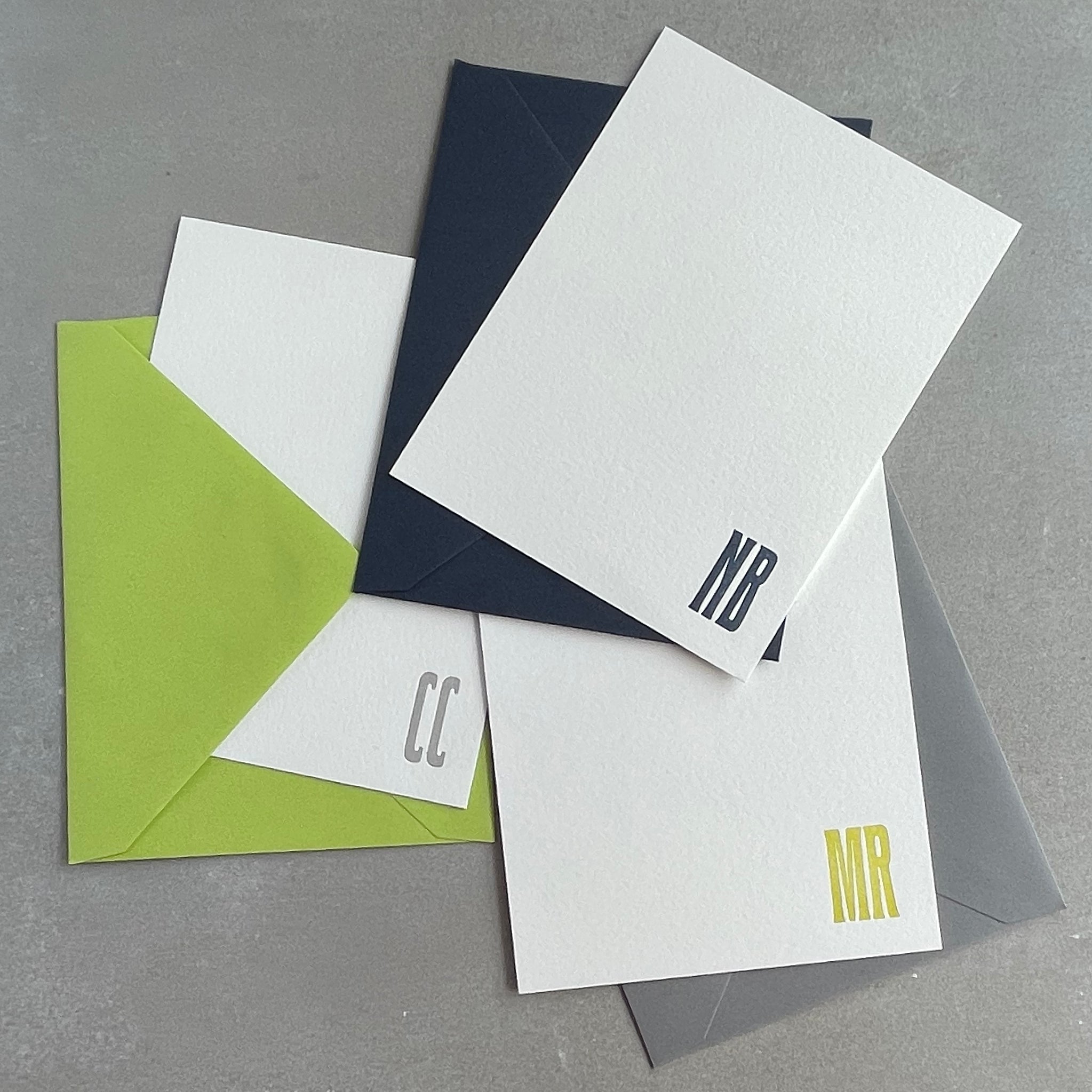Cool Condensed: Custom Initial Letterpress Stationery. Personalized Notecards with Envelopes. - Hearty Greetings