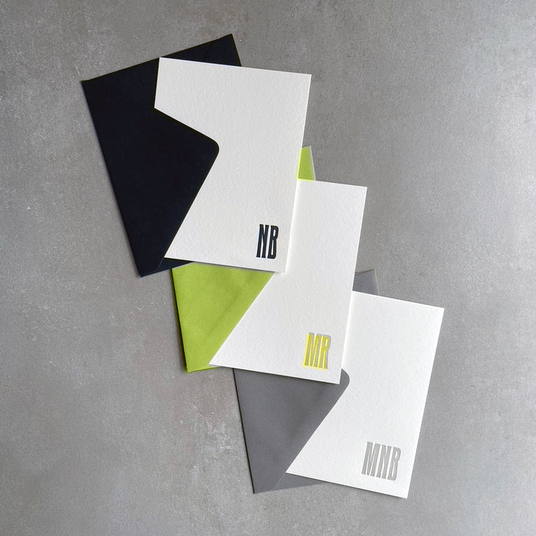 Cool Condensed: Custom Initial Letterpress Stationery. Personalized Notecards with Envelopes. - Hearty Greetings