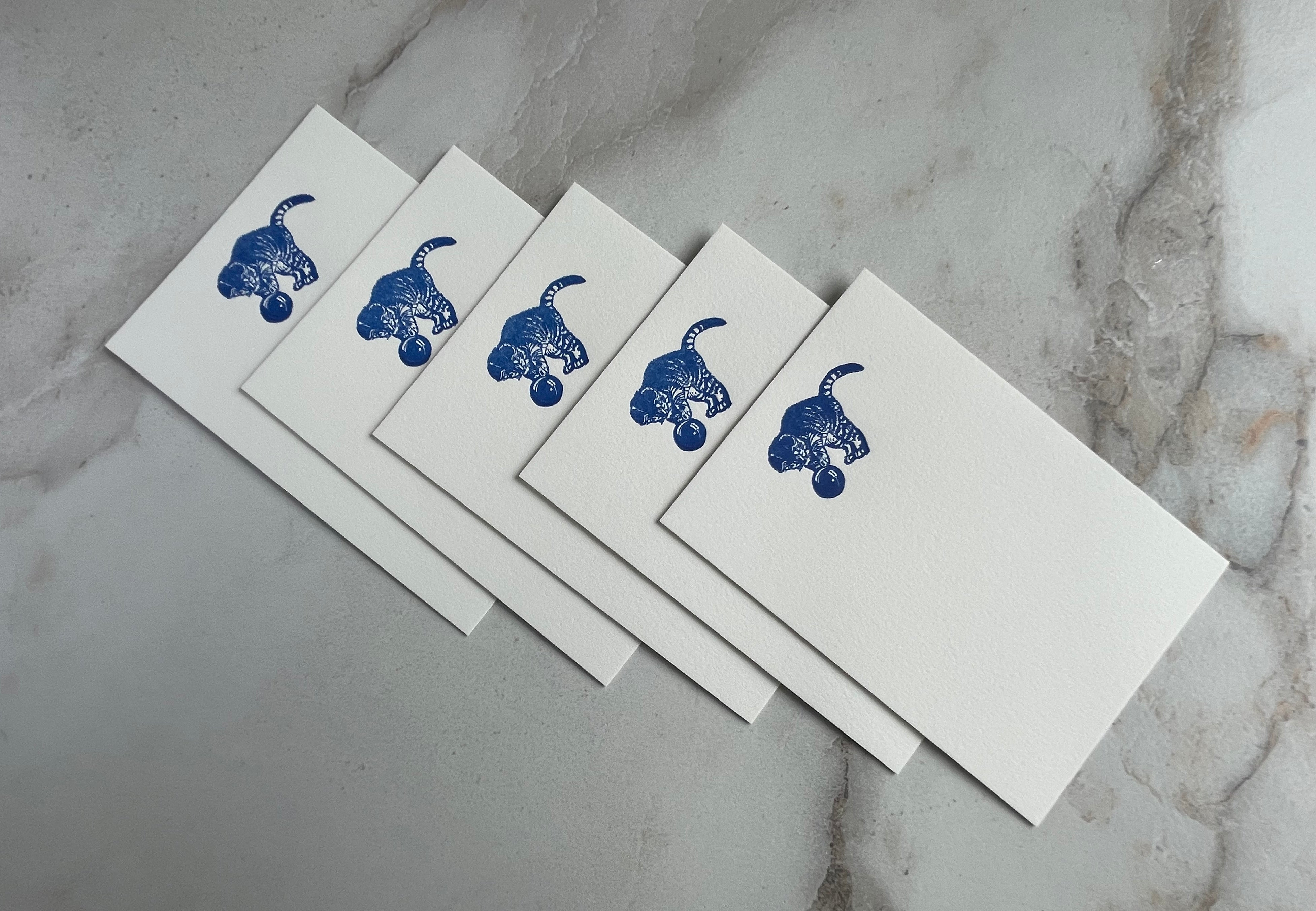 Set of 5, Handprinted Letterpress Notecards with Envelopes. Flat card, letter writing set. Handmade cards, Embossed Blue Kitten, Cat, meow - Hearty Greetings