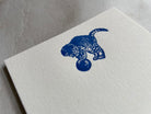 Set of 5, Handprinted Letterpress Notecards with Envelopes. Flat card, letter writing set. Handmade cards, Embossed Blue Kitten, Cat, meow - Hearty Greetings