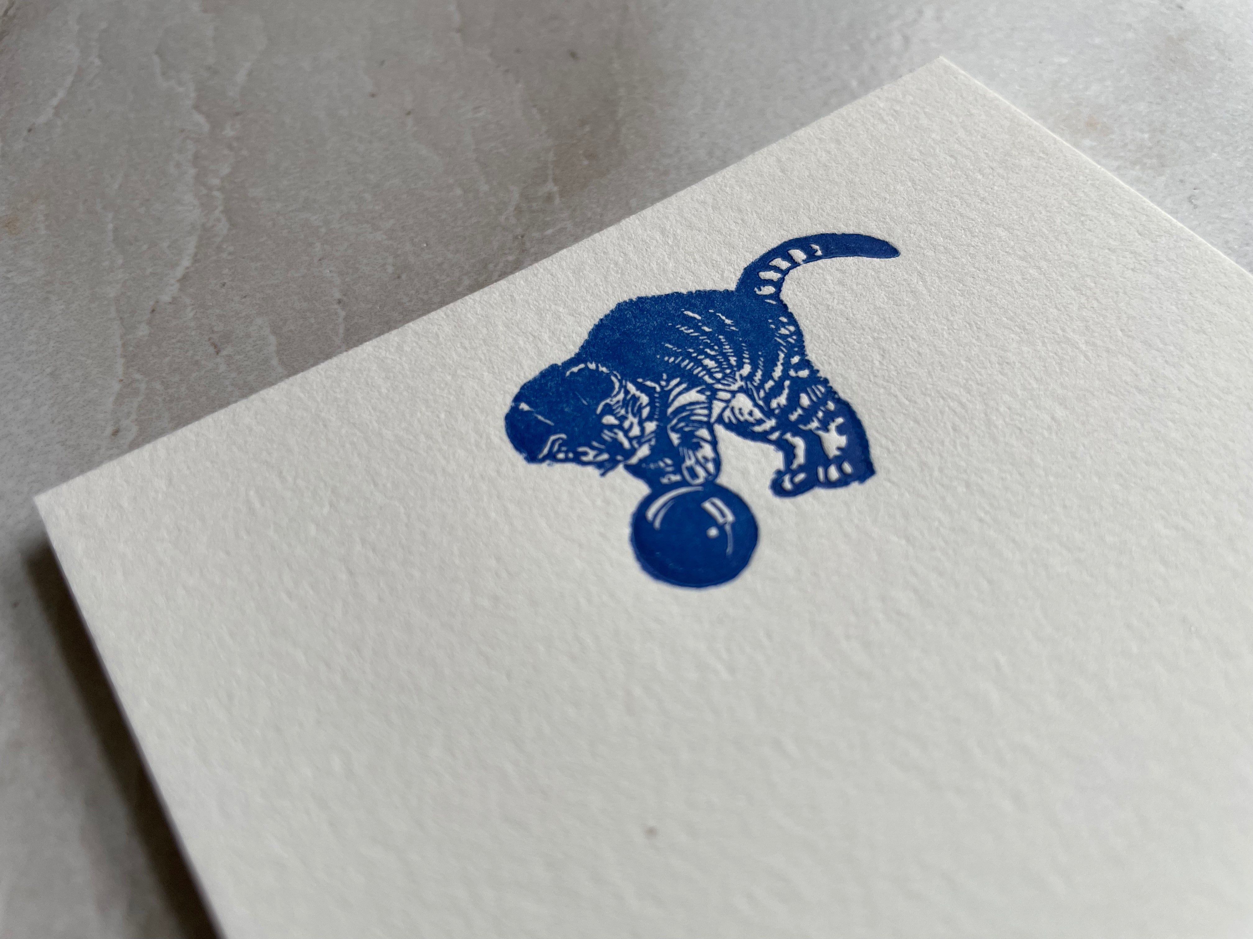 Set of 5, Handprinted Letterpress Notecards with Envelopes. Flat card, letter writing set. Handmade cards, Embossed Blue Kitten, Cat, meow - Hearty Greetings