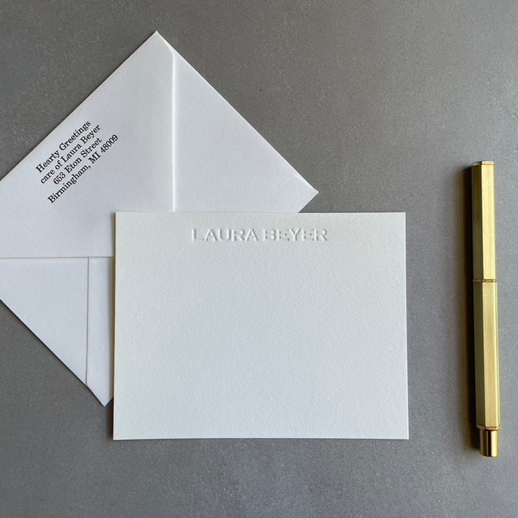 Blind Embossed: Custom Name Letterpress Stationery. Personalized Notecards with Envelopes. - Hearty Greetings