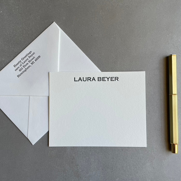 Copperplate: Custom Name Letterpress Stationery. Personalized Notecards with Envelopes. - Hearty Greetings