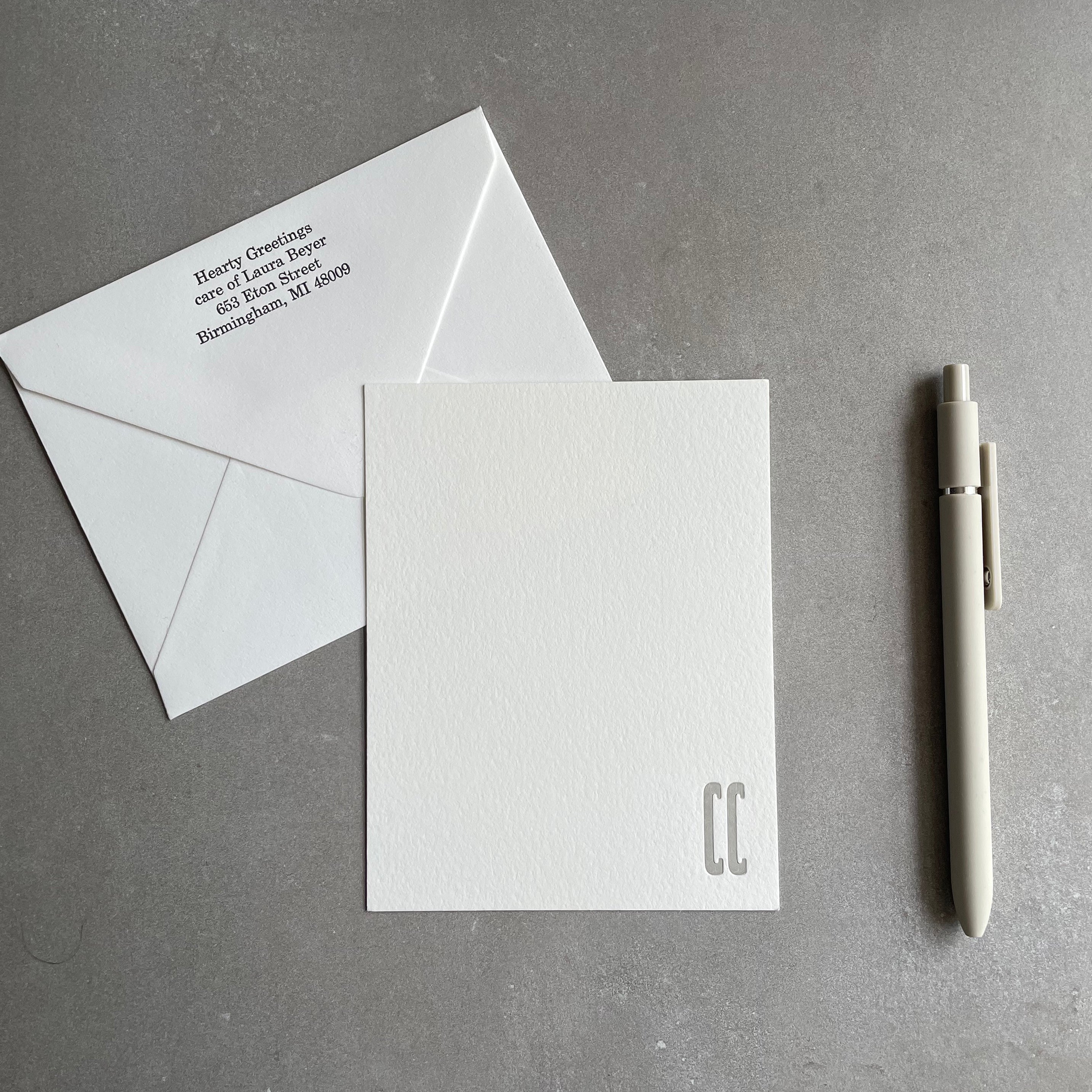 Cool Condensed: Custom Initial Letterpress Stationery. Personalized Notecards with Envelopes. - Hearty Greetings