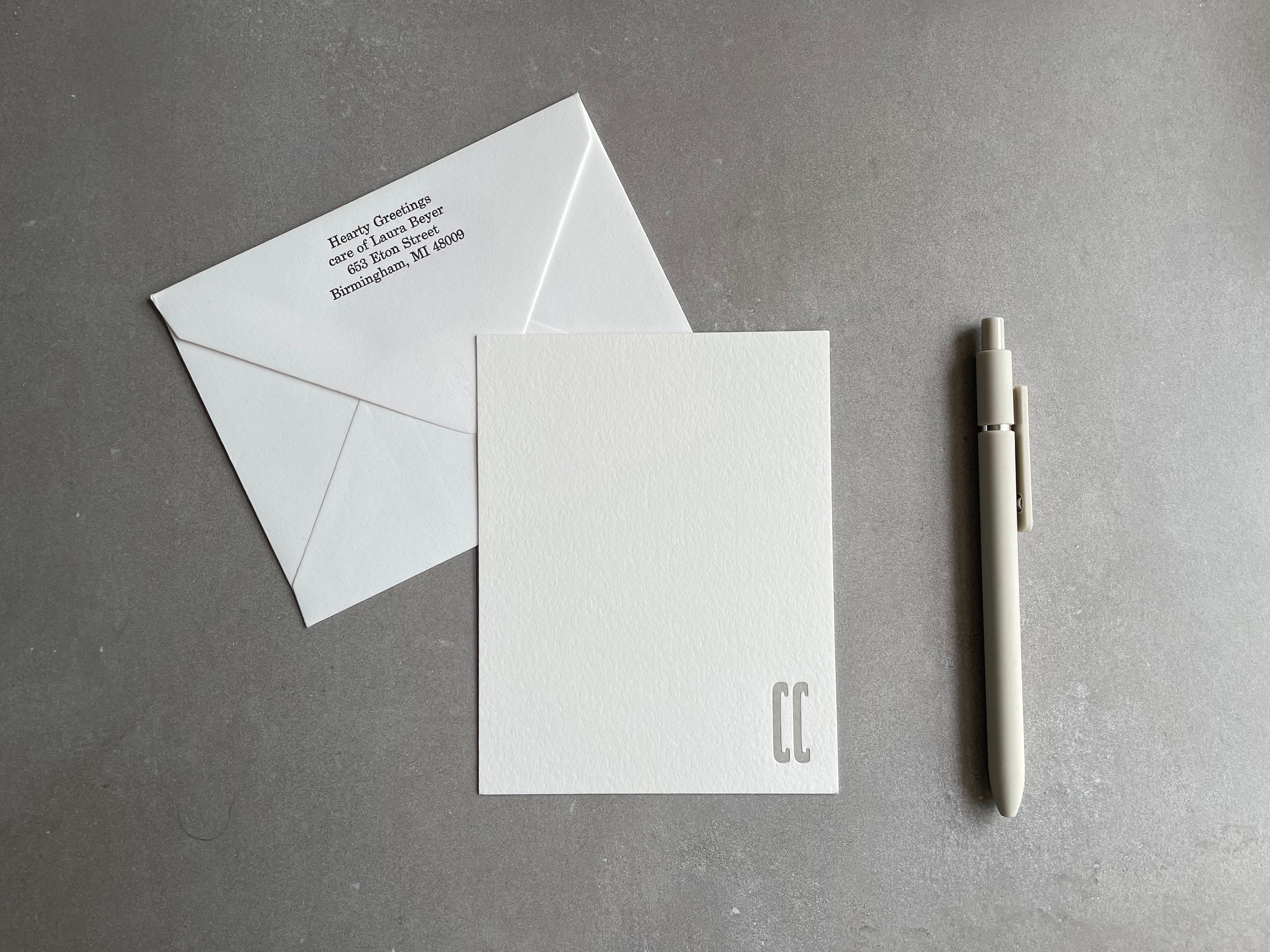 Cool Condensed: Custom Initial Letterpress Stationery. Personalized Notecards with Envelopes. - Hearty Greetings