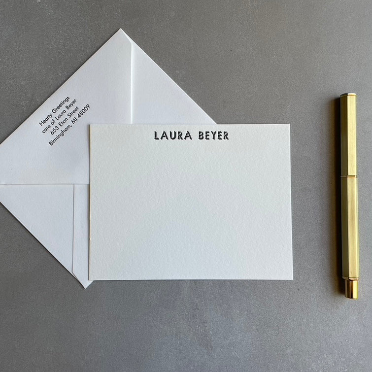 Shadow: Custom Name Letterpress Stationery. Personalized Notecards with Envelopes. - Hearty Greetings