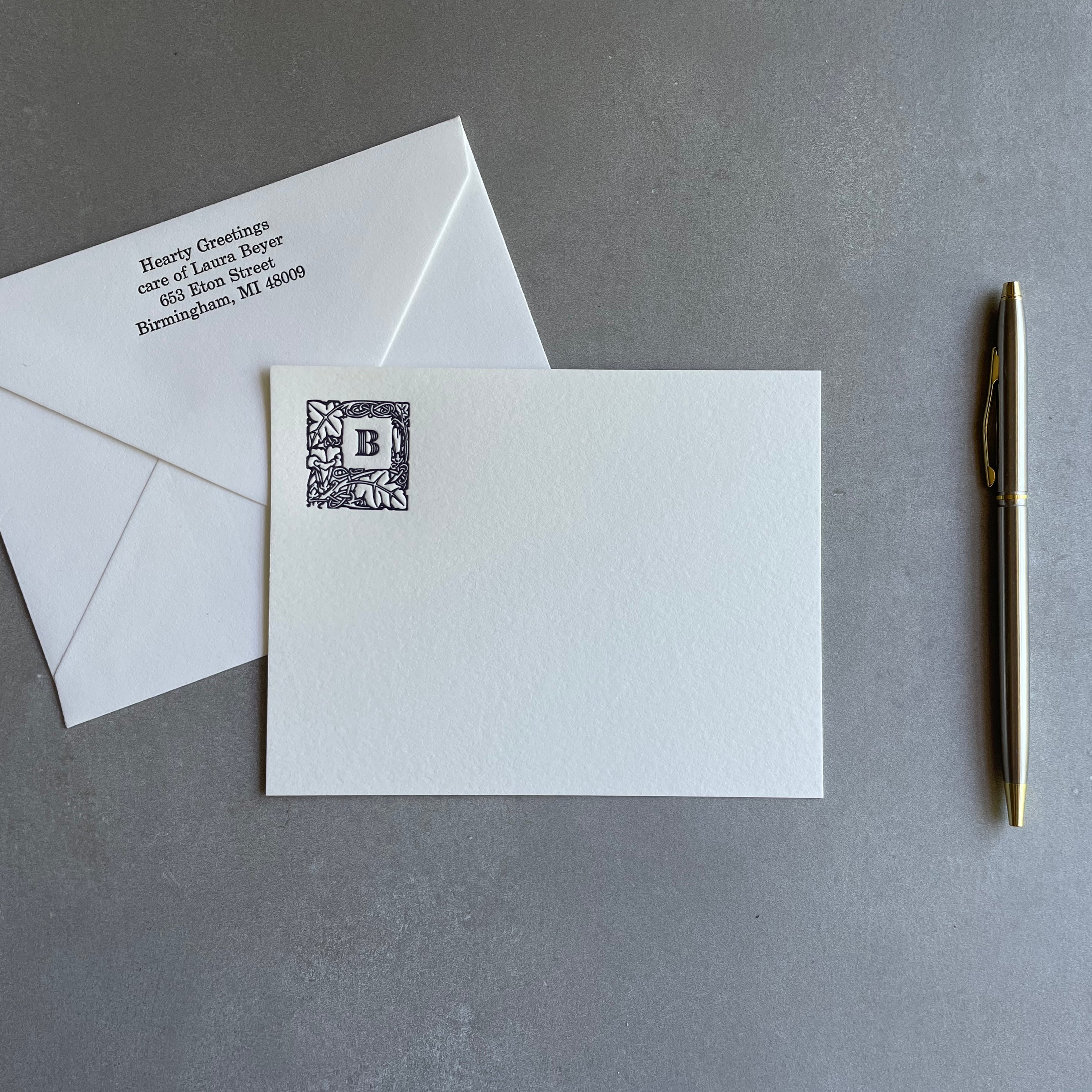Lovely Leaf: Custom Initial Letterpress Stationery. Personalized Notecards with Envelopes. - Hearty Greetings