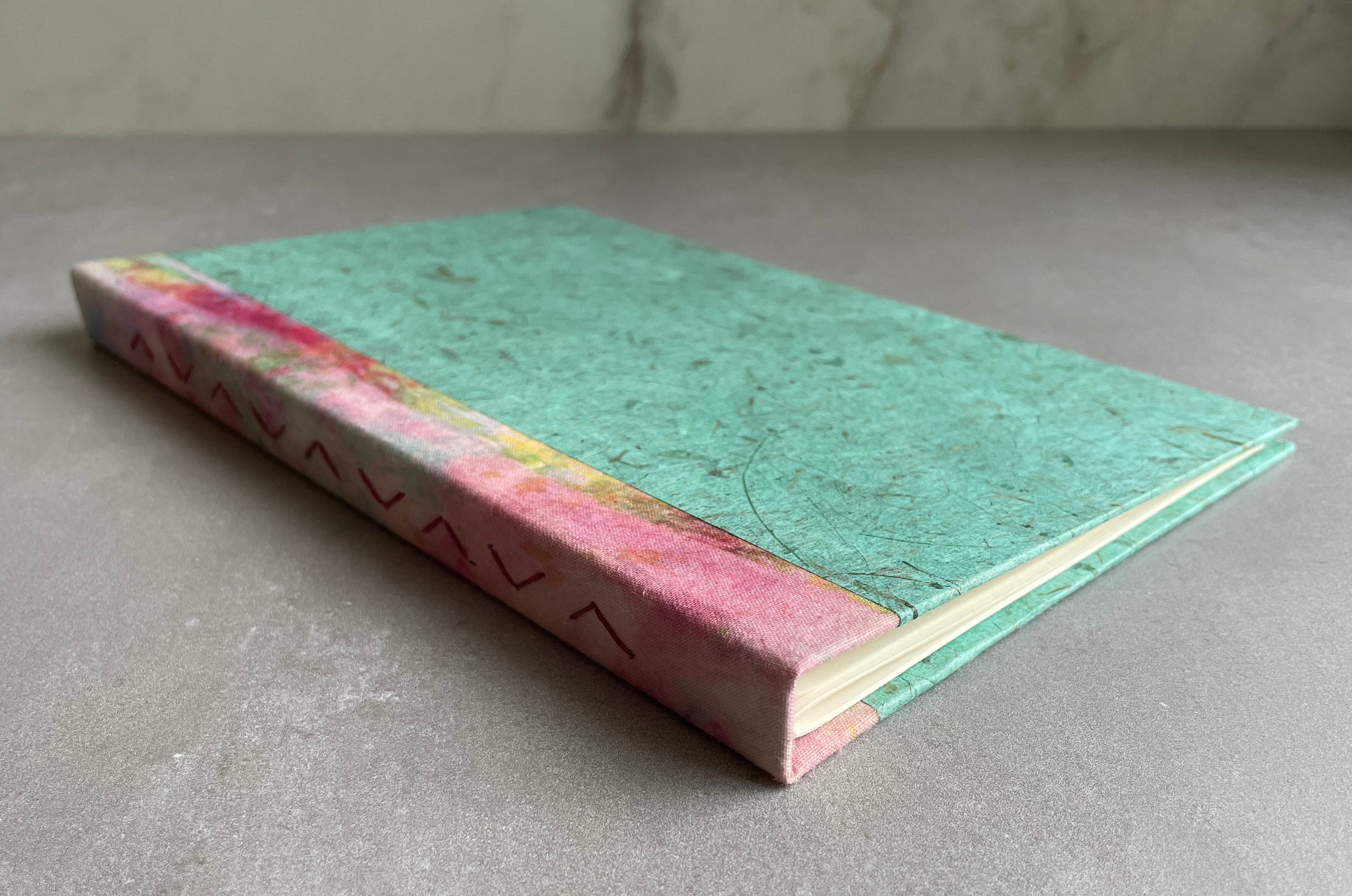 Hand bound Journal with Green Cover. Hardcover, unique handmade book with decorative binding. - Hearty Greetings