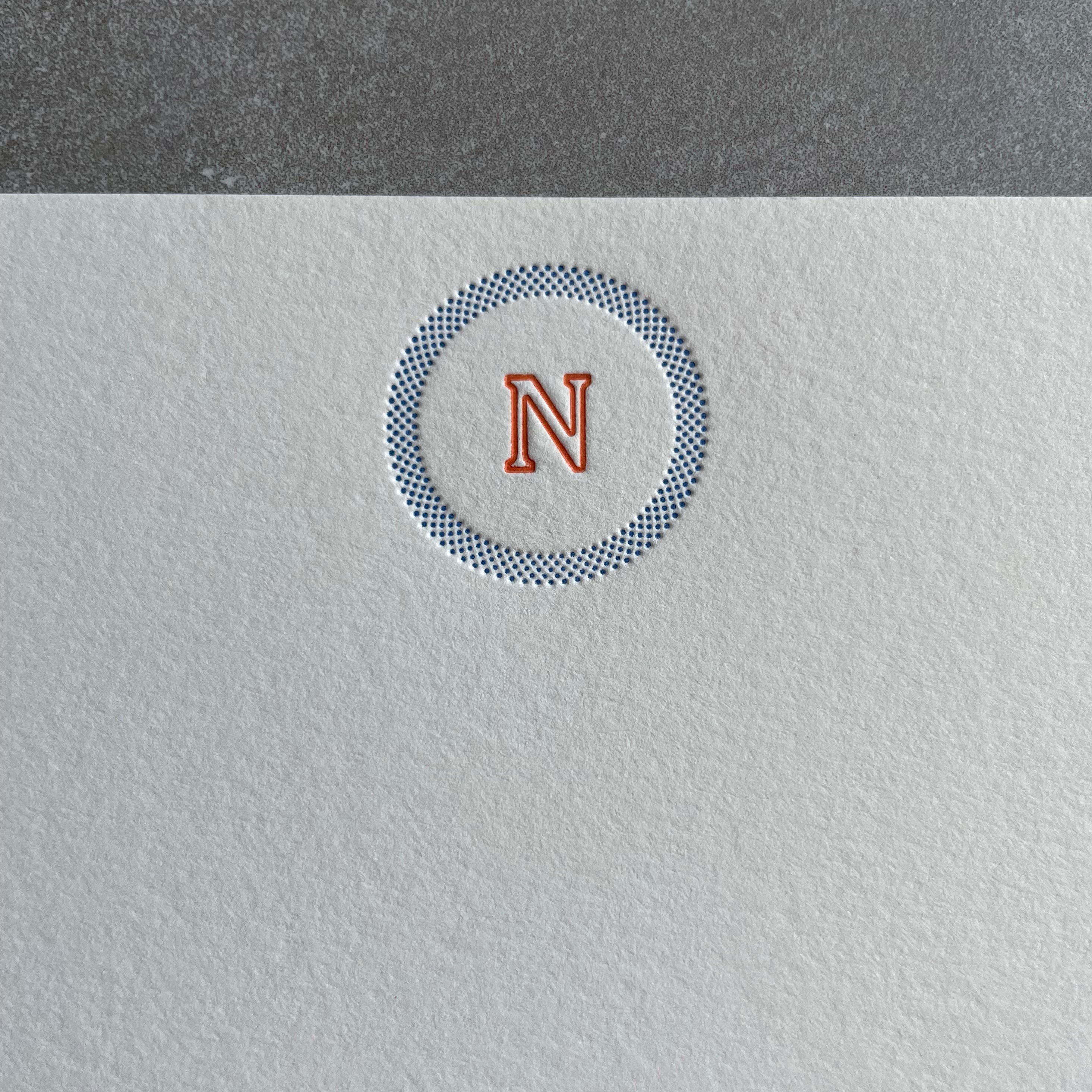 Simple Circle: 2 Color, Custom Initial Letterpress Stationery. Personalized Notecards with Envelopes. - Hearty Greetings