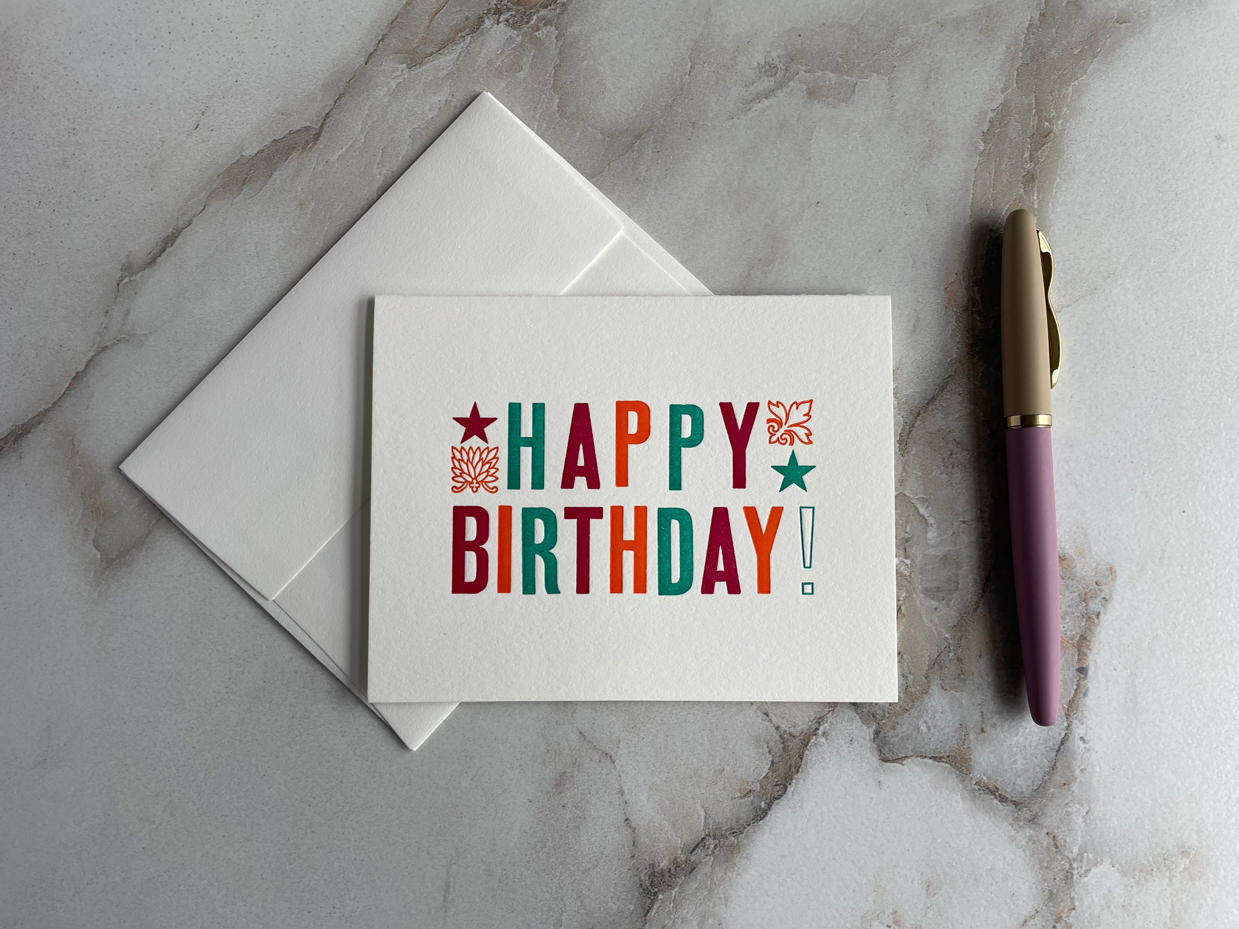 Set of 10, Letterpress HAPPY BIRTHDAY, Folded Cards with Envelopes. Boxed card set. - Hearty Greetings