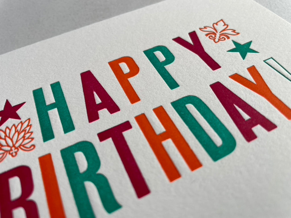 Set of 10, Letterpress HAPPY BIRTHDAY, Folded Cards with Envelopes. Boxed card set. - Hearty Greetings