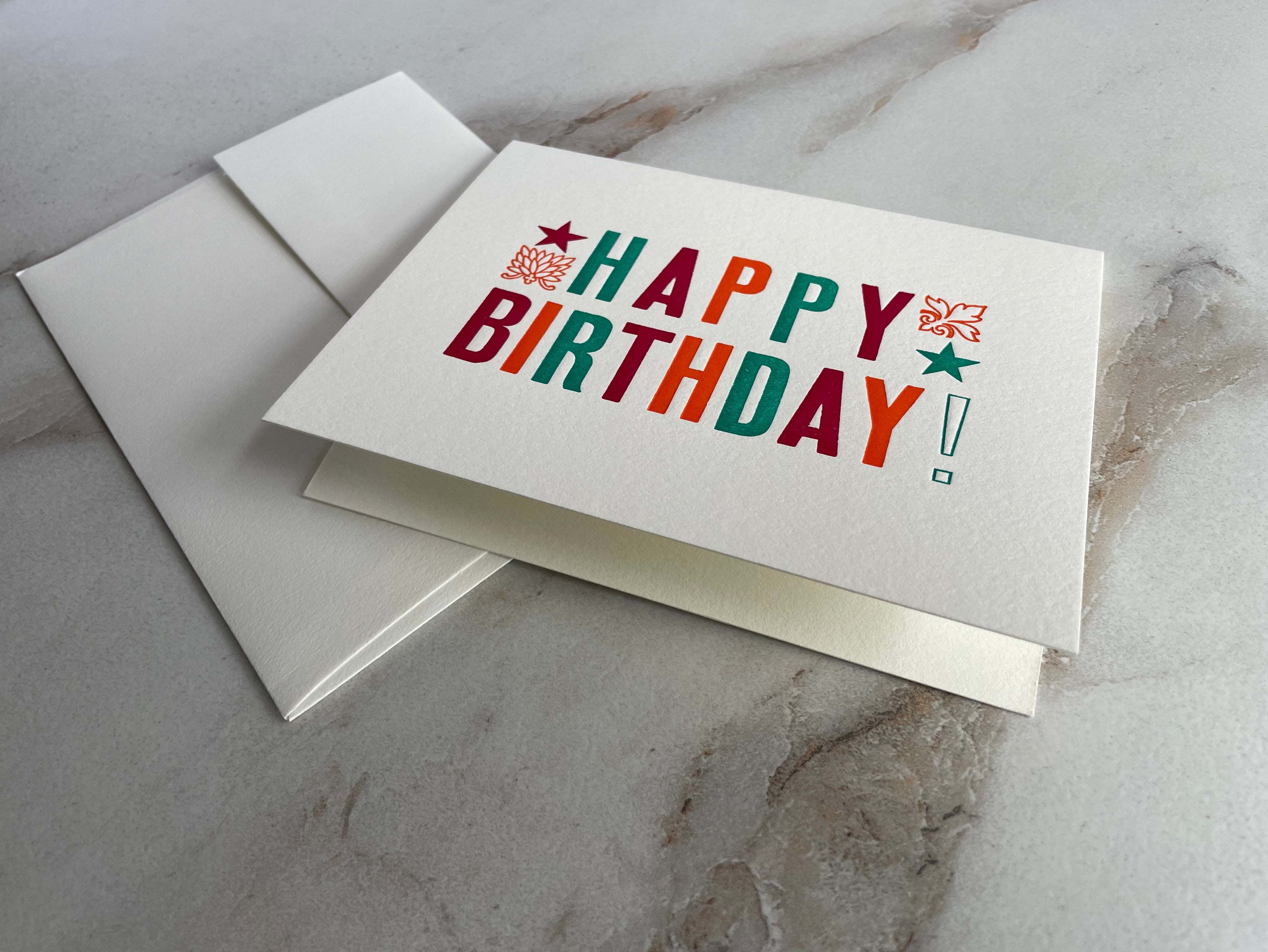 Set of 10, Letterpress HAPPY BIRTHDAY, Folded Cards with Envelopes. Boxed card set. - Hearty Greetings